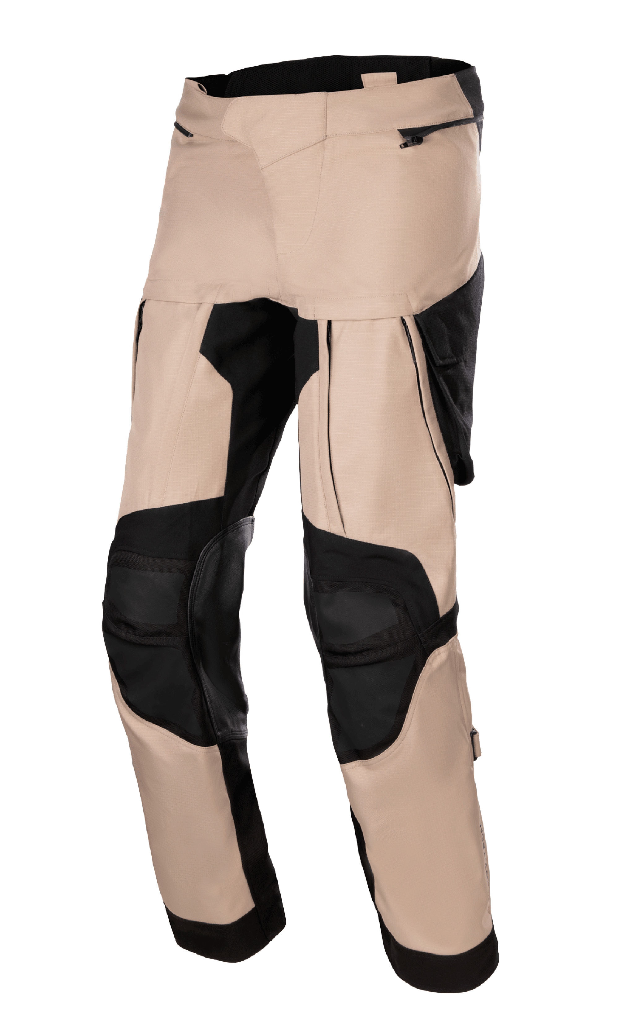 Pantaloni Alpinestars Halo Drystar, pantaloni moto adventure touring, kaki scuro e nero, con ampi pannelli di ventilazione sulle cosce, sezioni delle ginocchia rinforzate in nero e costruzione in tessuto multi-pannello con tasche con cerniera