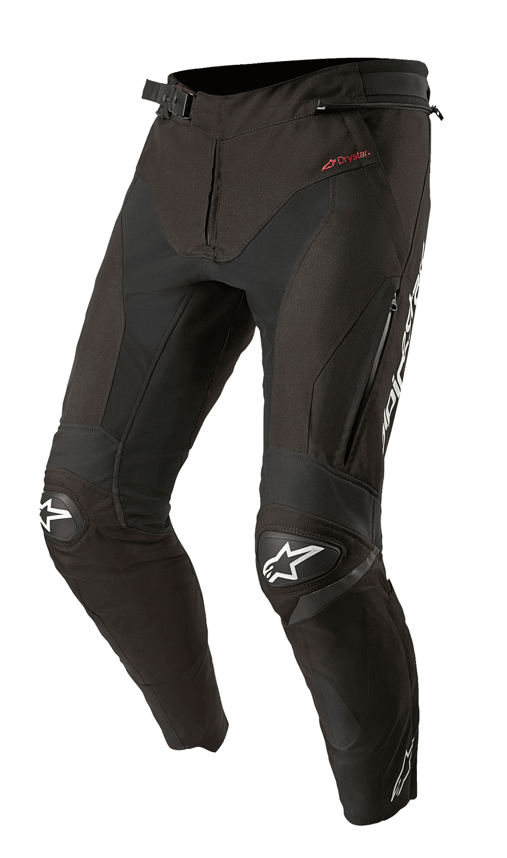 Alpinestars T-SP R Drystar Pants, pantaloni da moto sport-touring in tessuto nero, con ginocchiere rinforzate e loghi a stella bianchi, marchio Drystar rosso sul fianco, prese d'aria con zip sulle cosce e vita regolabile, vestibilità articolata di ispirazione racing.