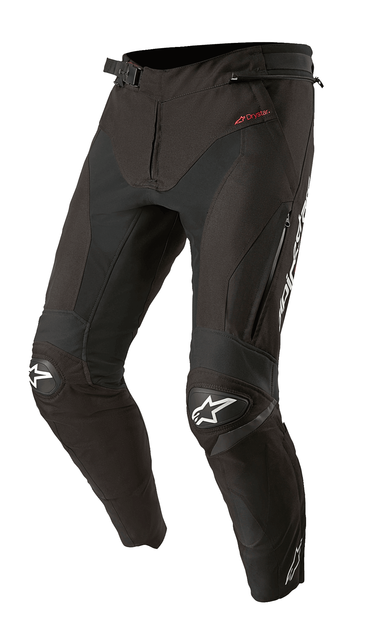 Alpinestars T-SP R Drystar Pants, pantaloni da moto sport-touring in tessuto nero, con ginocchiere rinforzate e loghi a stella bianchi, marchio Drystar rosso sul fianco, prese d'aria con zip sulle cosce e vita regolabile, vestibilità articolata di ispirazione racing.