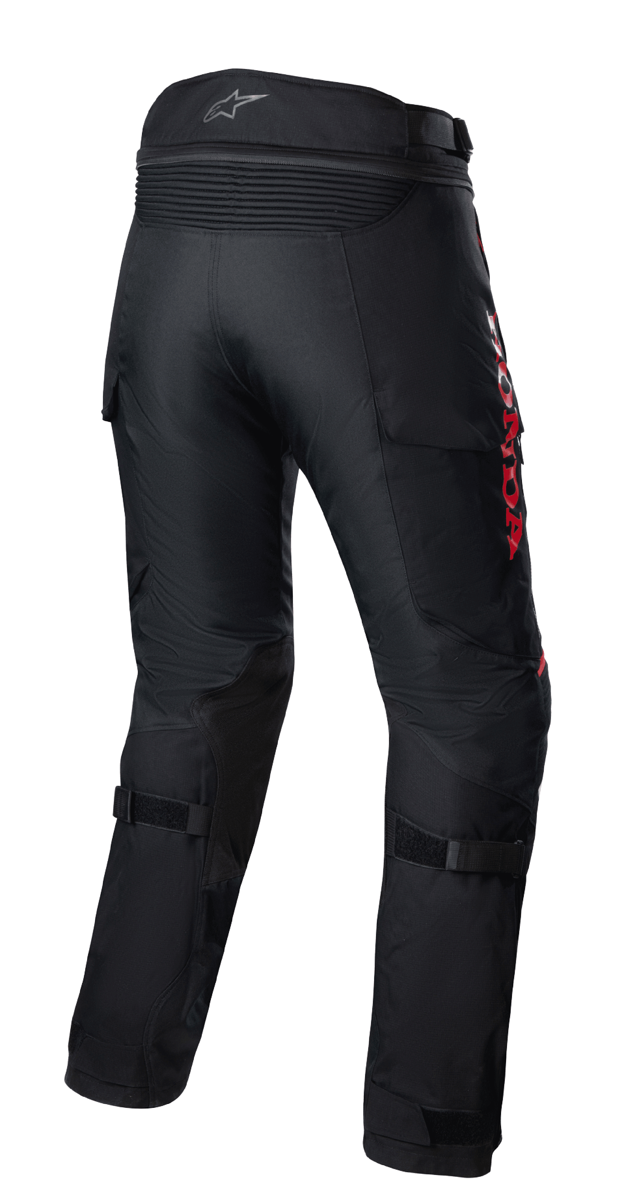Alpinestars Pantaloni Honda Bogota' Pro Drystar®, pantaloni da moto touring adventure, neri con marchio HONDA rosso, vista posteriore con pannelli elastici a fisarmonica in vita, cinturini regolabili sui polpacci e struttura in tessuto resistente per la guida adventure multi-stagione.