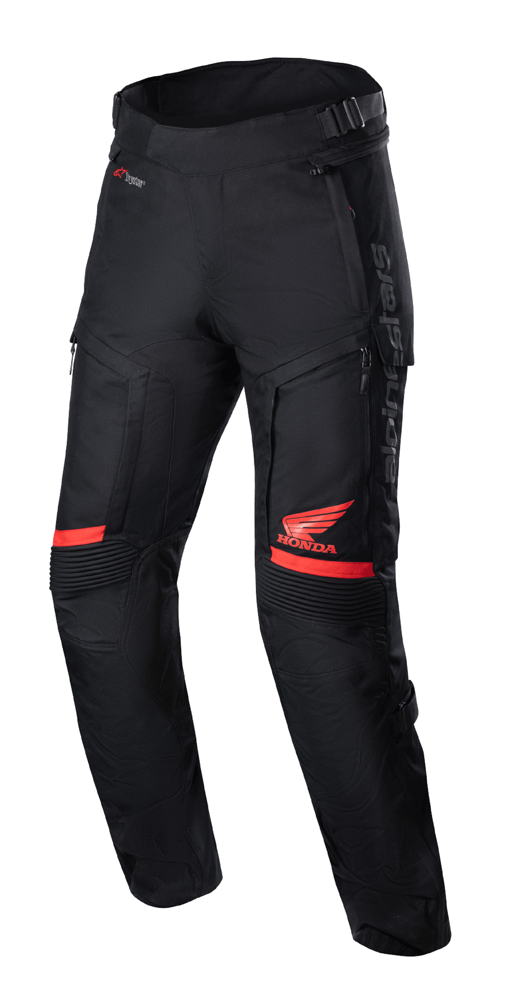 Pantaloni Honda Bogota' Pro Drystar®, pantaloni da moto touring, nero e rosso, con logo Honda Wing rosso sulla coscia, pannelli elasticizzati a soffietto sulle ginocchia, costruzione in tessuto tecnico, cinghie di regolazione in vita e marchio Alpinestars