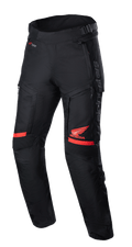 Pantaloni Honda Bogota' Pro Drystar®, pantaloni da moto touring, nero e rosso, con logo Honda Wing rosso sulla coscia, pannelli elasticizzati a soffietto sulle ginocchia, costruzione in tessuto tecnico, cinghie di regolazione in vita e marchio Alpinestars