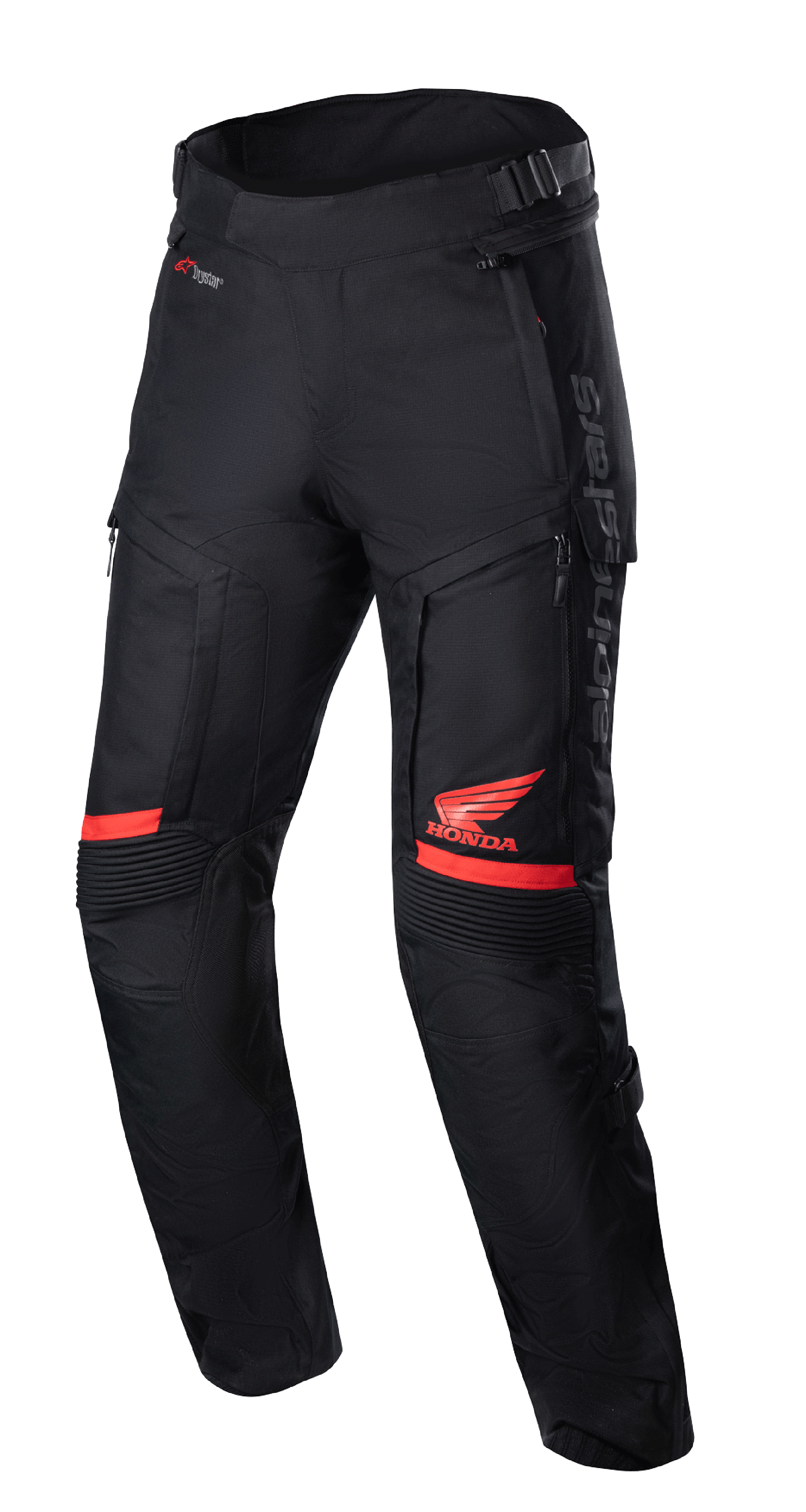Pantaloni Honda Bogota' Pro Drystar®, pantaloni da moto touring, nero e rosso, con logo Honda Wing rosso sulla coscia, pannelli elasticizzati a soffietto sulle ginocchia, costruzione in tessuto tecnico, cinghie di regolazione in vita e marchio Alpinestars