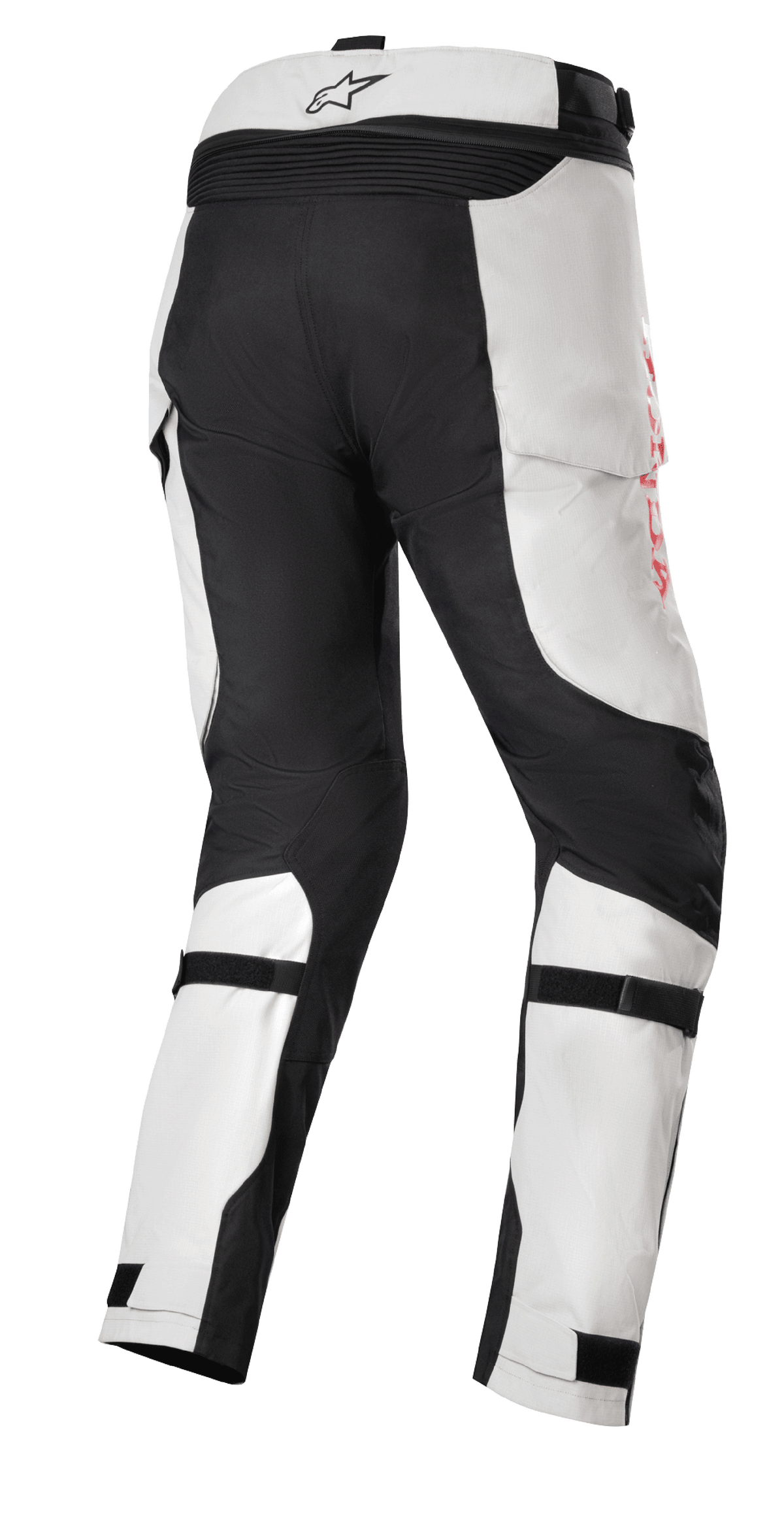 Pantaloni Honda Bogota' Pro Drystar®, pantaloni da moto Adventure Touring, grigio ghiaccio e nero, vista posteriore con pannelli neri rinforzati sulla seduta e sull'interno gamba, marchio laterale rosso e cinghie regolabili sui polpacci per una vestibilità sicura.