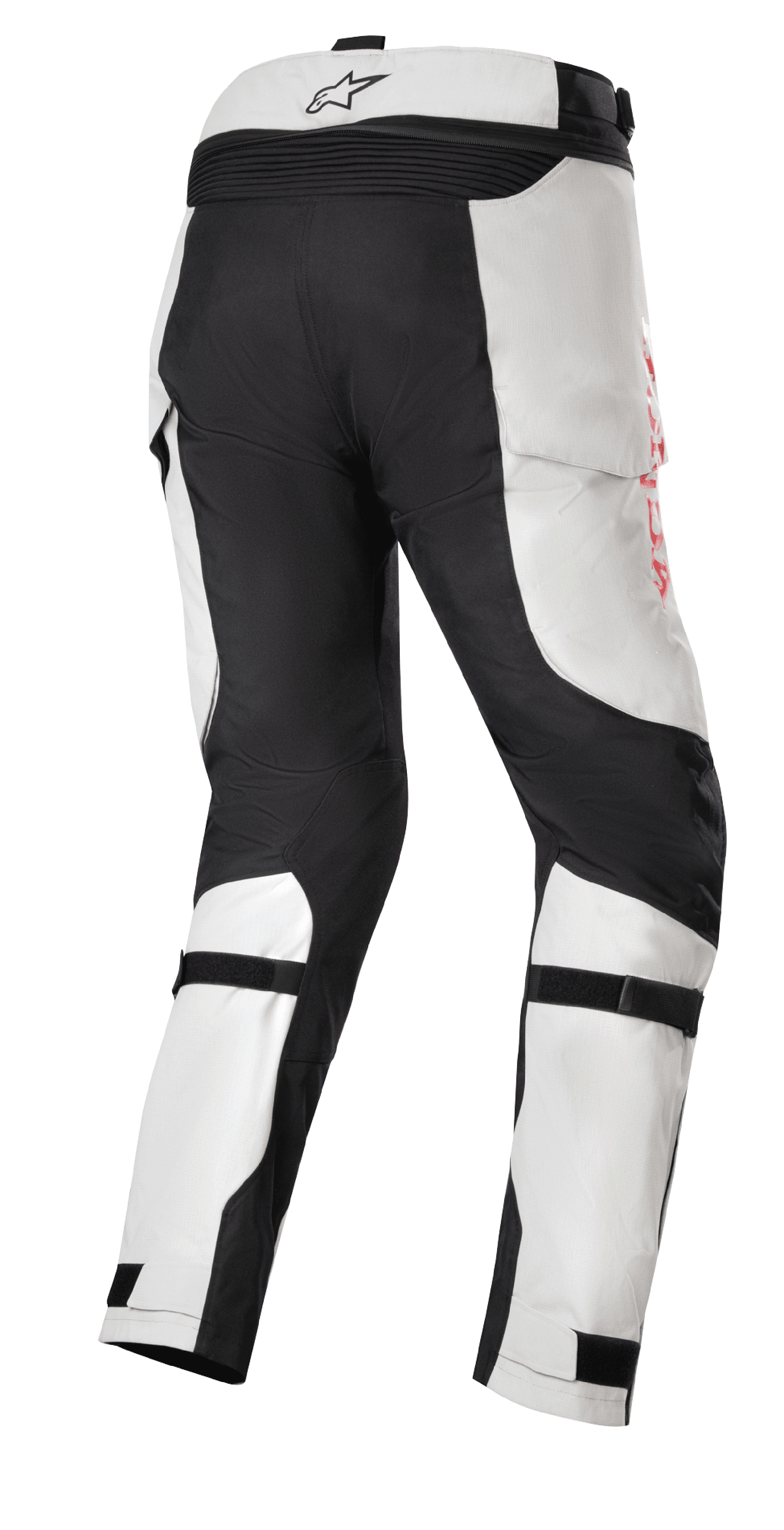Pantaloni Honda Bogota' Pro Drystar®, pantaloni da moto Adventure Touring, grigio ghiaccio e nero, vista posteriore con pannelli neri rinforzati sulla seduta e sull'interno gamba, marchio laterale rosso e cinghie regolabili sui polpacci per una vestibilità sicura.