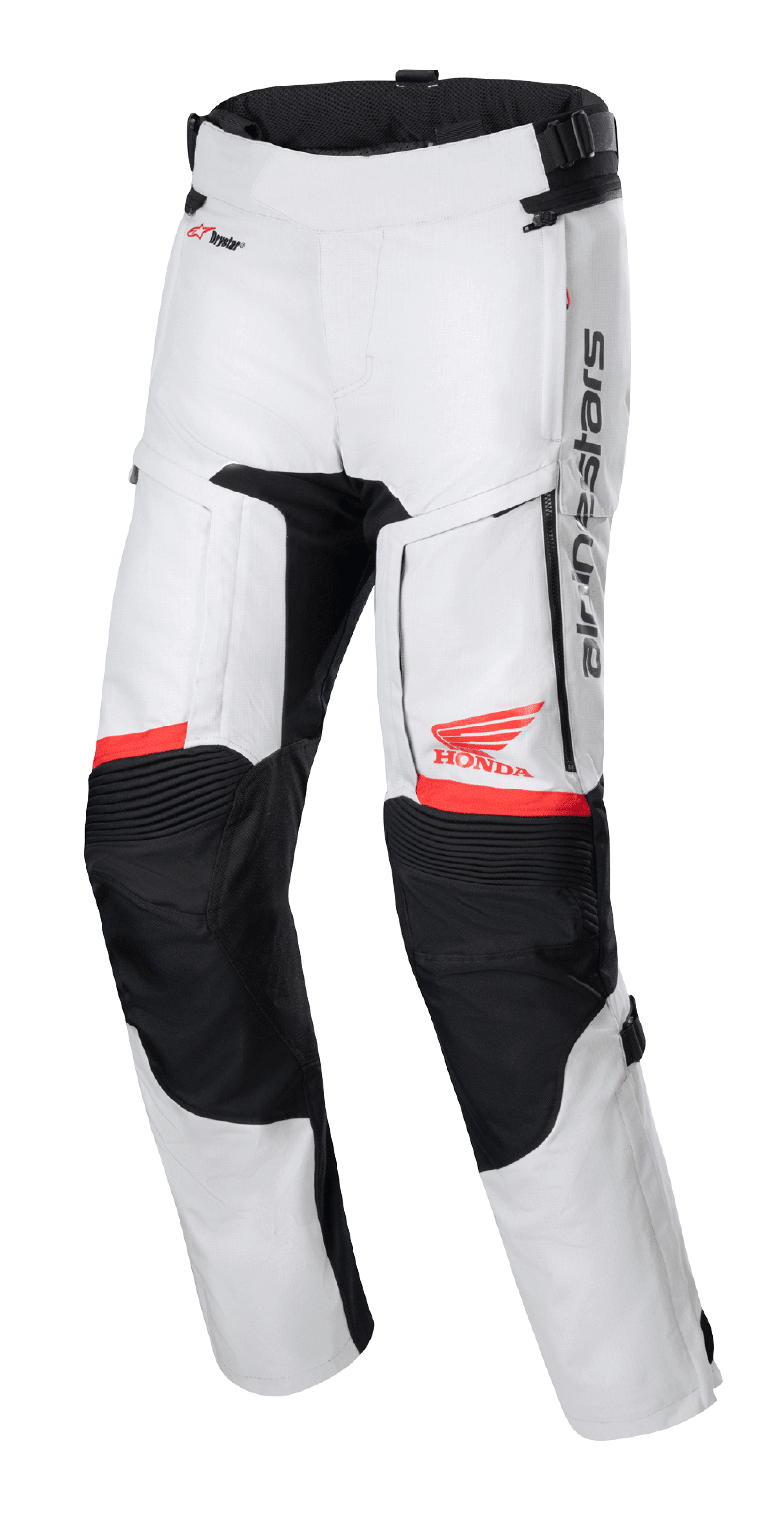 Pantaloni Honda Bogota' Pro Drystar®, pantaloni da moto touring, grigio ghiaccio e nero con dettagli rossi, vista frontale con pannelli di ventilazione sulle cosce e ginocchia a fisarmonica, logo Honda e Alpinestars, abbigliamento tecnico impermeabile da avventura