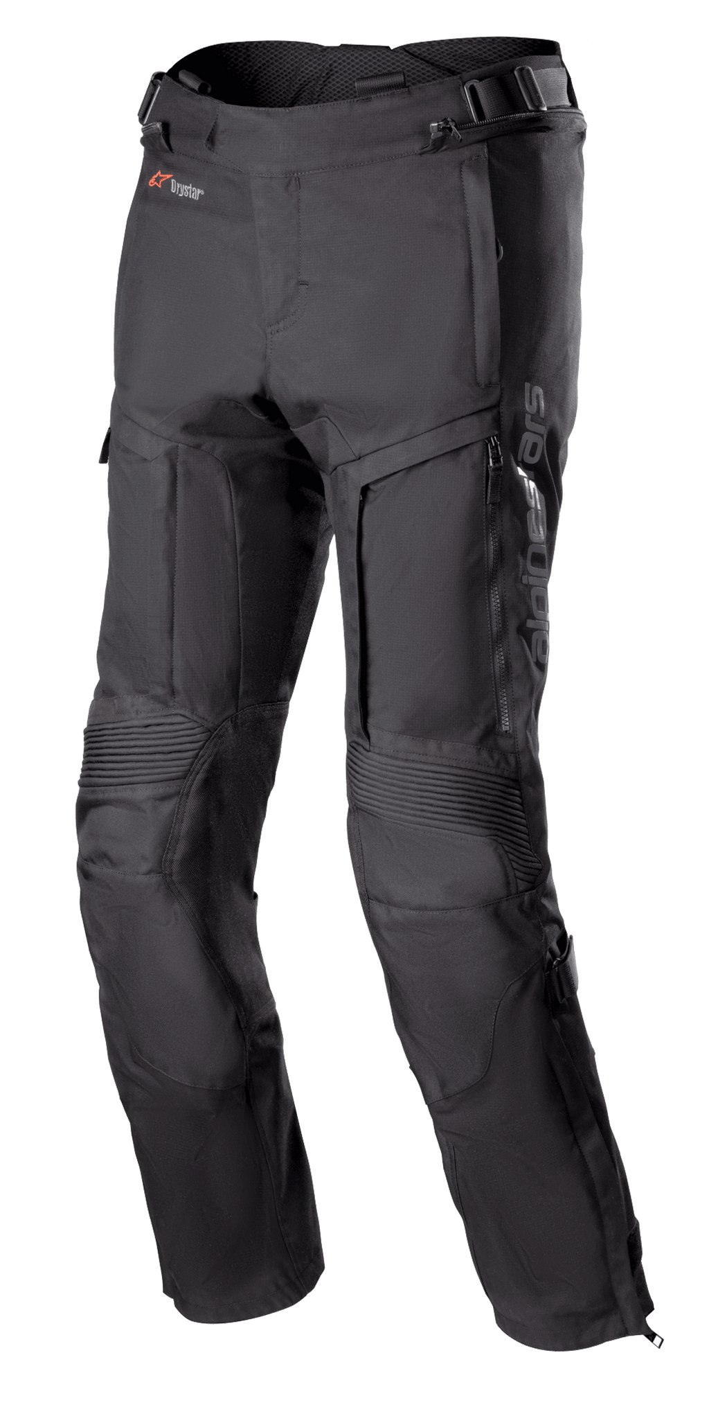 Alpinestars Bogota Pro Drystar 3 Seasons Pants, pantaloni da moto touring neri, con ventilazione a zip sulle cosce, pannelli elastici a fisarmonica sulle ginocchia, cinghie regolabili in vita e tessuto tecnico resistente con marchio Drystar