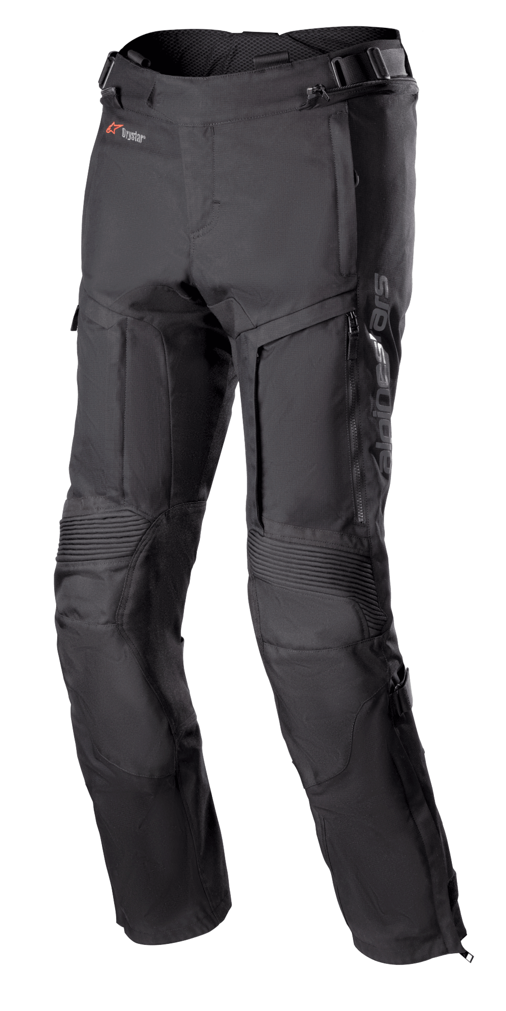 Alpinestars Bogota Pro Drystar 3 Seasons Pants, pantaloni da moto touring neri, con ventilazione a zip sulle cosce, pannelli elastici a fisarmonica sulle ginocchia, cinghie regolabili in vita e tessuto tecnico resistente con marchio Drystar