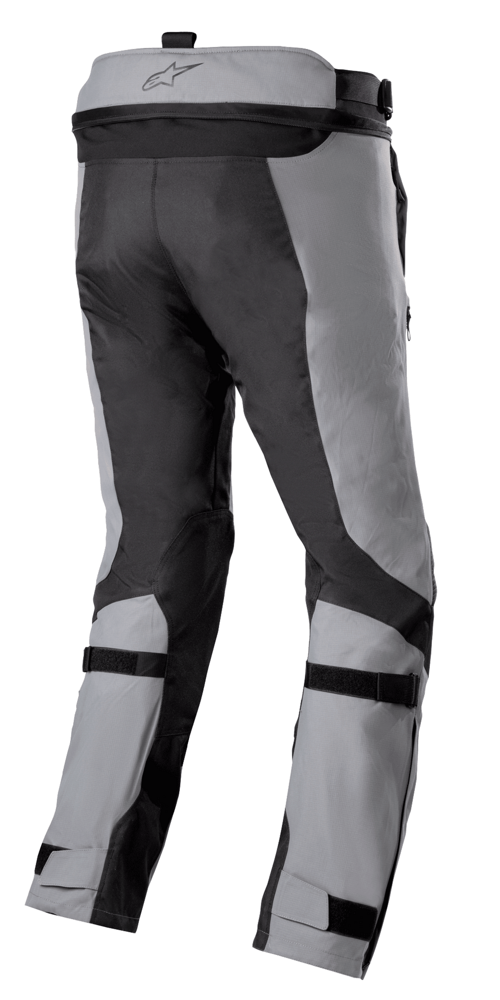 Alpinestars Bogotá Pro Drystar® 3 Seasons Pants, pantaloni da moto adventure touring, grigio scuro e grigio chiaro, vista posteriore con cinghie regolabili su polpacci e caviglie, cerniera di connessione in vita e pannelli in tessuto ripstop resistente.