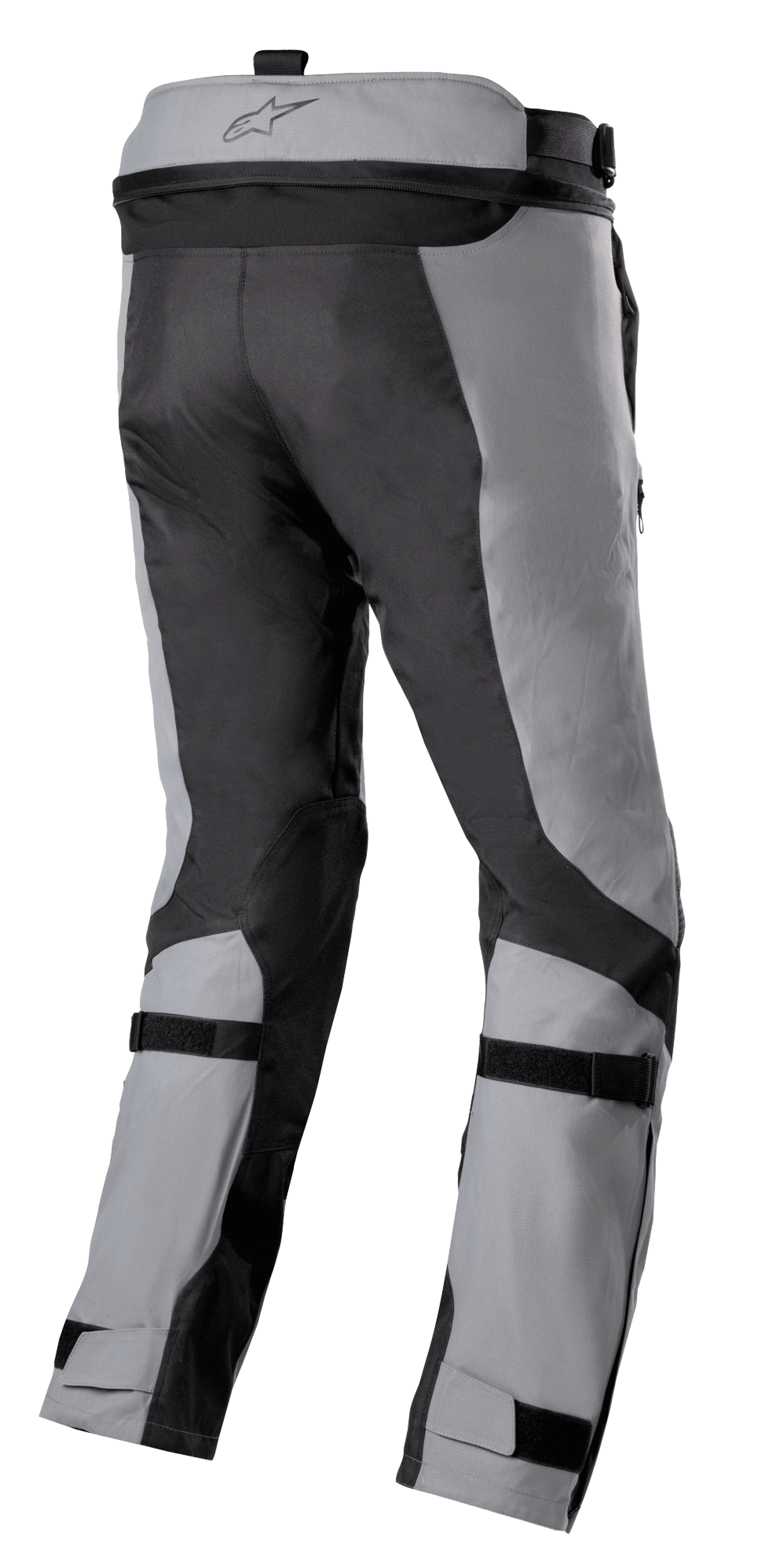 Alpinestars Bogotá Pro Drystar® 3 Seasons Pants, pantaloni da moto adventure touring, grigio scuro e grigio chiaro, vista posteriore con cinghie regolabili su polpacci e caviglie, cerniera di connessione in vita e pannelli in tessuto ripstop resistente.