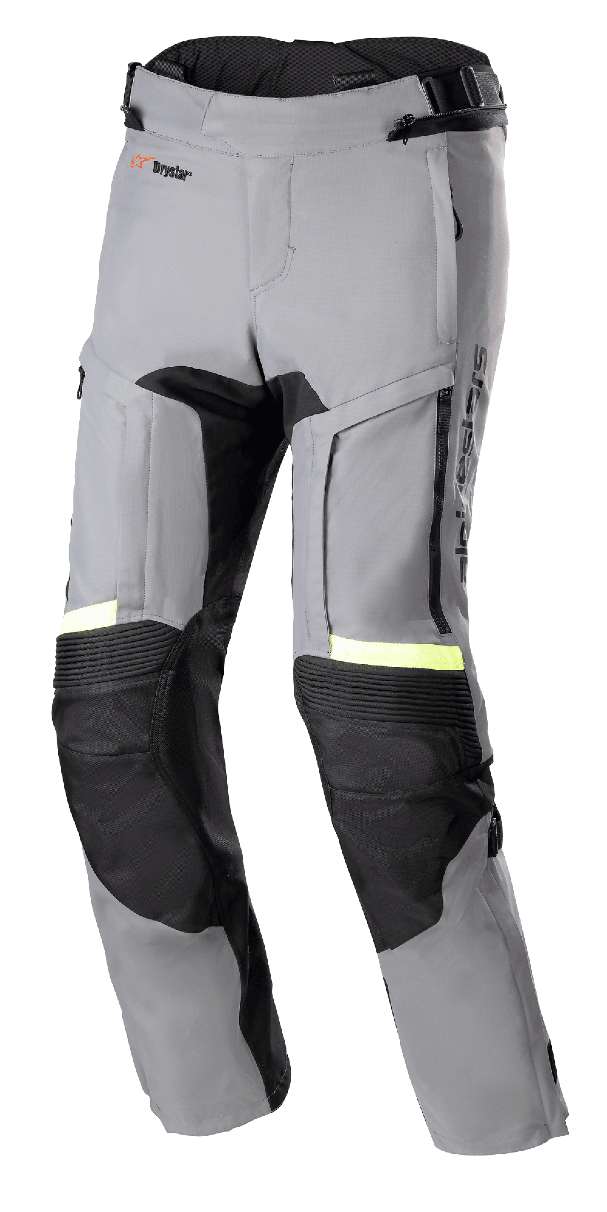 Alpinestars Bogota' Pro Drystar® 3 Seasons Pants, pantaloni da moto adventure touring grigio scuro e nero, accenti riflettenti giallo neon fluorescente, con pannelli di ventilazione sulle cosce con zip, ginocchia a soffietto elasticizzate e pannelli protettivi rinforzati.