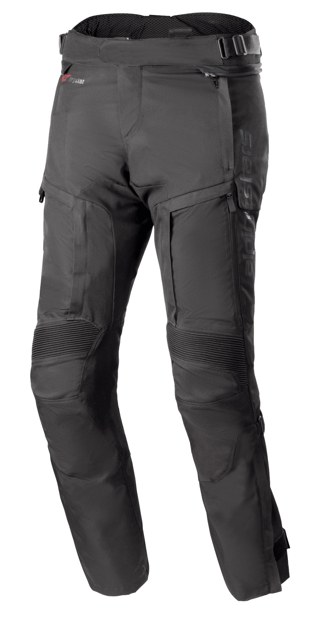 Alpinestars Bogota Pro Drystar 4 Seasons Pants, pantaloni da moto touring neri, vestibilità regular, aree delle ginocchia rinforzate con protezione a coste, cinturini regolabili in vita con fibbie, tecnologia impermeabile Drystar, tasche multiple e zip di ventilazione