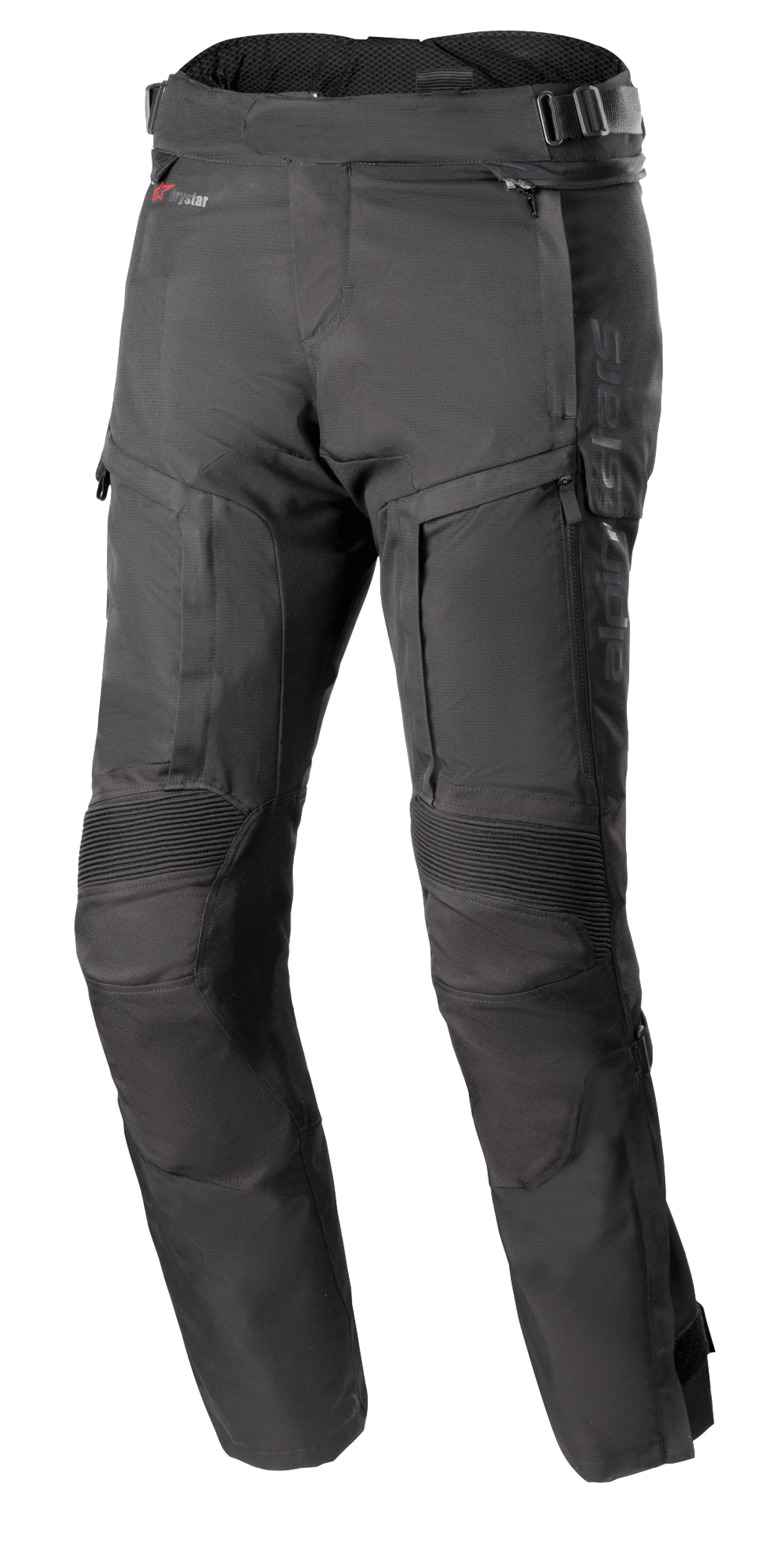 Alpinestars Bogota Pro Drystar 4 Seasons Pants, pantaloni da moto touring neri, vestibilità regular, aree delle ginocchia rinforzate con protezione a coste, cinturini regolabili in vita con fibbie, tecnologia impermeabile Drystar, tasche multiple e zip di ventilazione