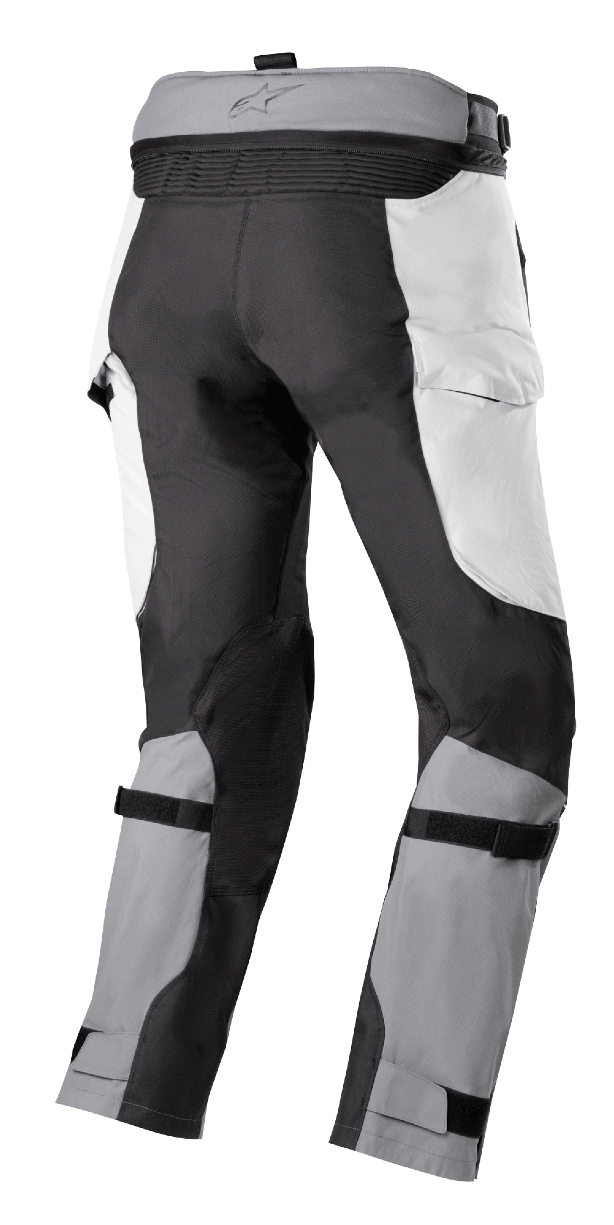 Alpinestars Bogota' Pro Drystar® 4 Seasons Pants, pantaloni Adventure Touring, grigio ghiaccio e grigio scuro, vista posteriore con cerniera di collegamento in vita, pannelli stile cargo e cinturini regolabili sui polpacci per una vestibilità sicura