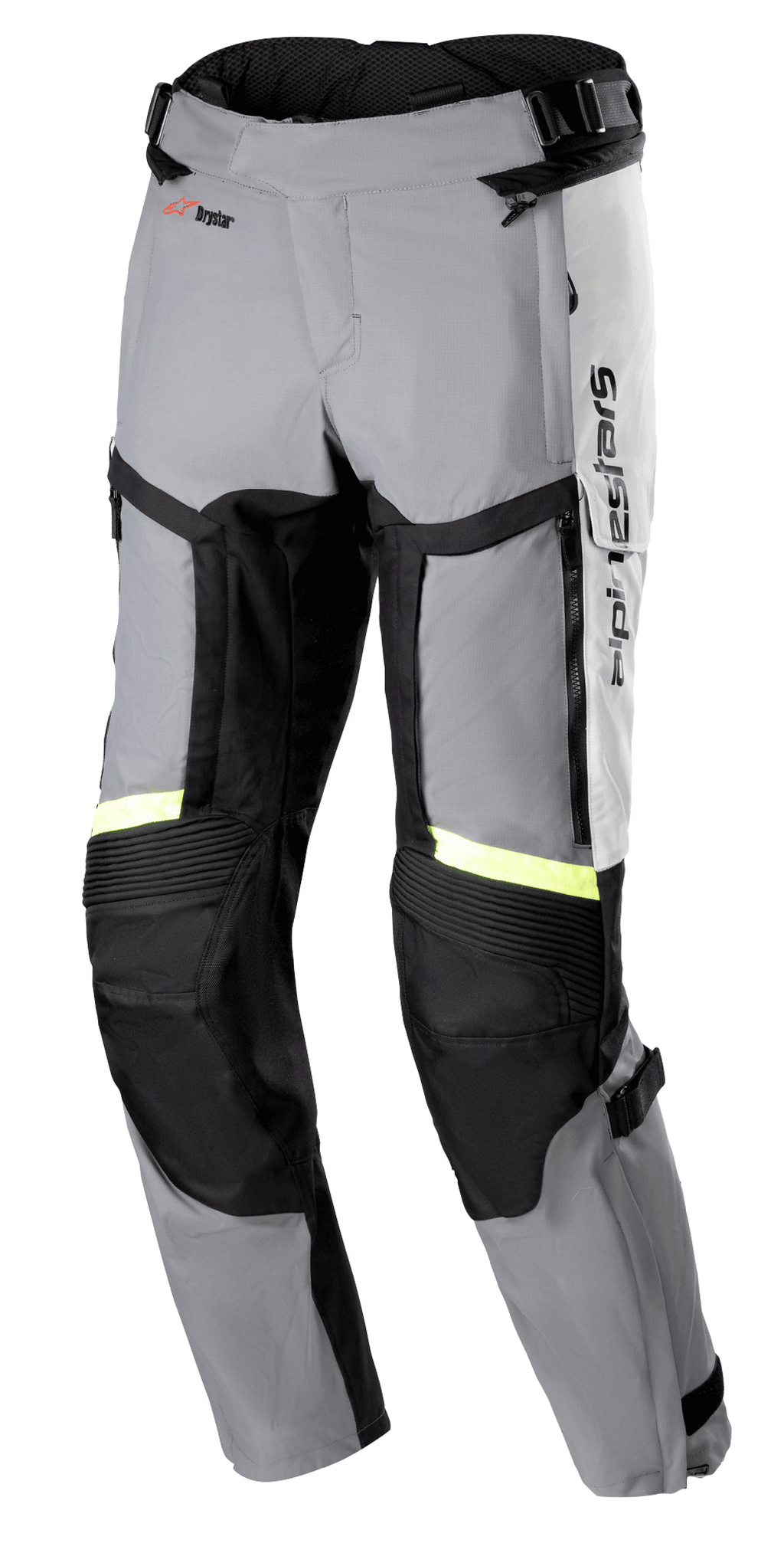 Alpinestars Bogota Pro Drystar 4 Seasons Pants, pantaloni da moto touring vestibilità Regular, grigio ghiaccio e grigio scuro con strisce riflettenti giallo fluo, dotati di ampi pannelli di ventilazione sulle cosce, inserti a soffietto sulle ginocchia e cinturini regolabili in vita, abbigliamento adventure