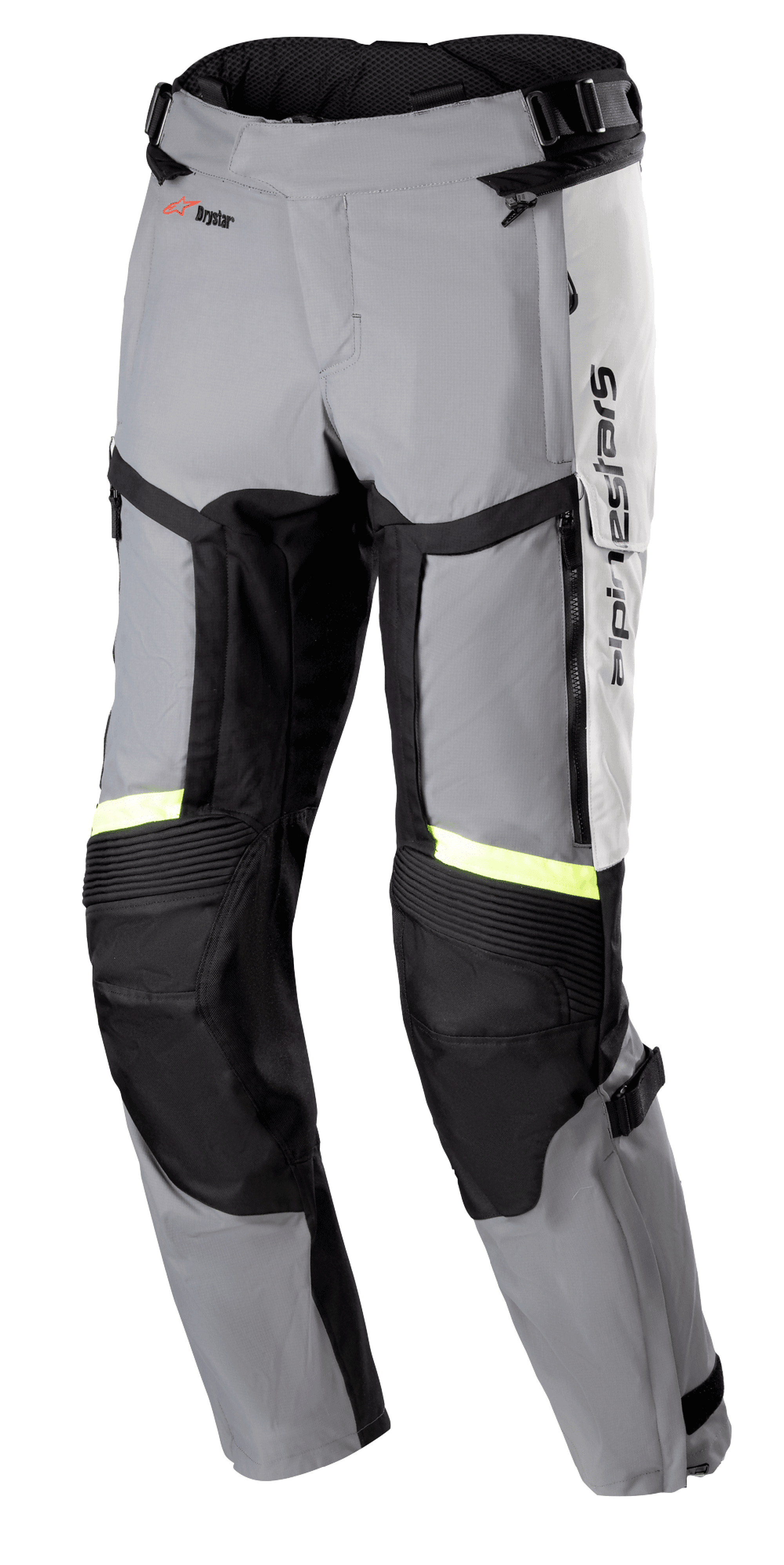 Alpinestars Bogota Pro Drystar 4 Seasons Pants, pantaloni da moto touring vestibilità Regular, grigio ghiaccio e grigio scuro con strisce riflettenti giallo fluo, dotati di ampi pannelli di ventilazione sulle cosce, inserti a soffietto sulle ginocchia e cinturini regolabili in vita, abbigliamento adventure
