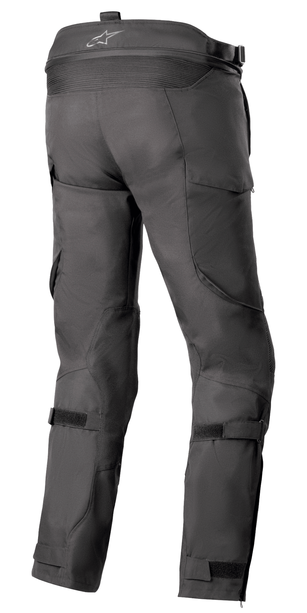 Alpinestars Pantaloni Bogota' Pro Drystar® 4 Seasons - Long, pantaloni da moto in tessuto nero, vista posteriore che evidenzia le regolazioni in vita e sui polpacci, vestibilità ergonomica per guida adventure