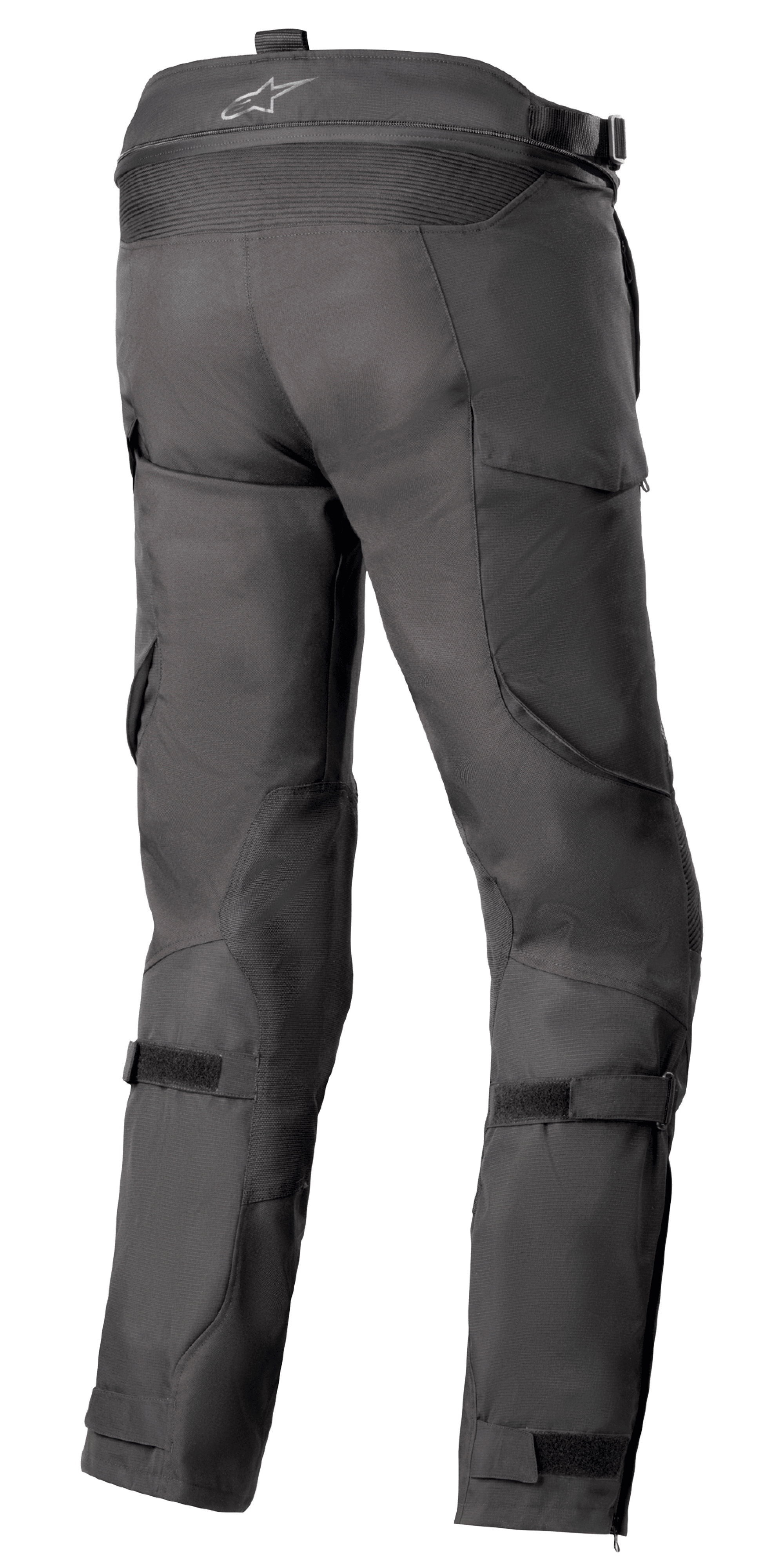 Alpinestars Pantaloni Bogota' Pro Drystar® 4 Seasons - Long, pantaloni da moto in tessuto nero, vista posteriore che evidenzia le regolazioni in vita e sui polpacci, vestibilità ergonomica per guida adventure