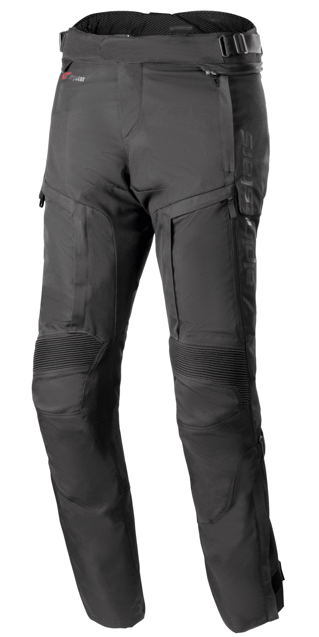 Alpinestars Bogota Pro Drystar 4 Seasons Pants - Long, pantaloni da moto adventure touring neri, con pannelli elasticizzati a costine sulle ginocchia e inserti di ventilazione con cerniera sulle cosce, cinturini regolabili in vita con fibbie e costruzione in tessuto tecnico resistente per protezione in ogni condizione climatica.