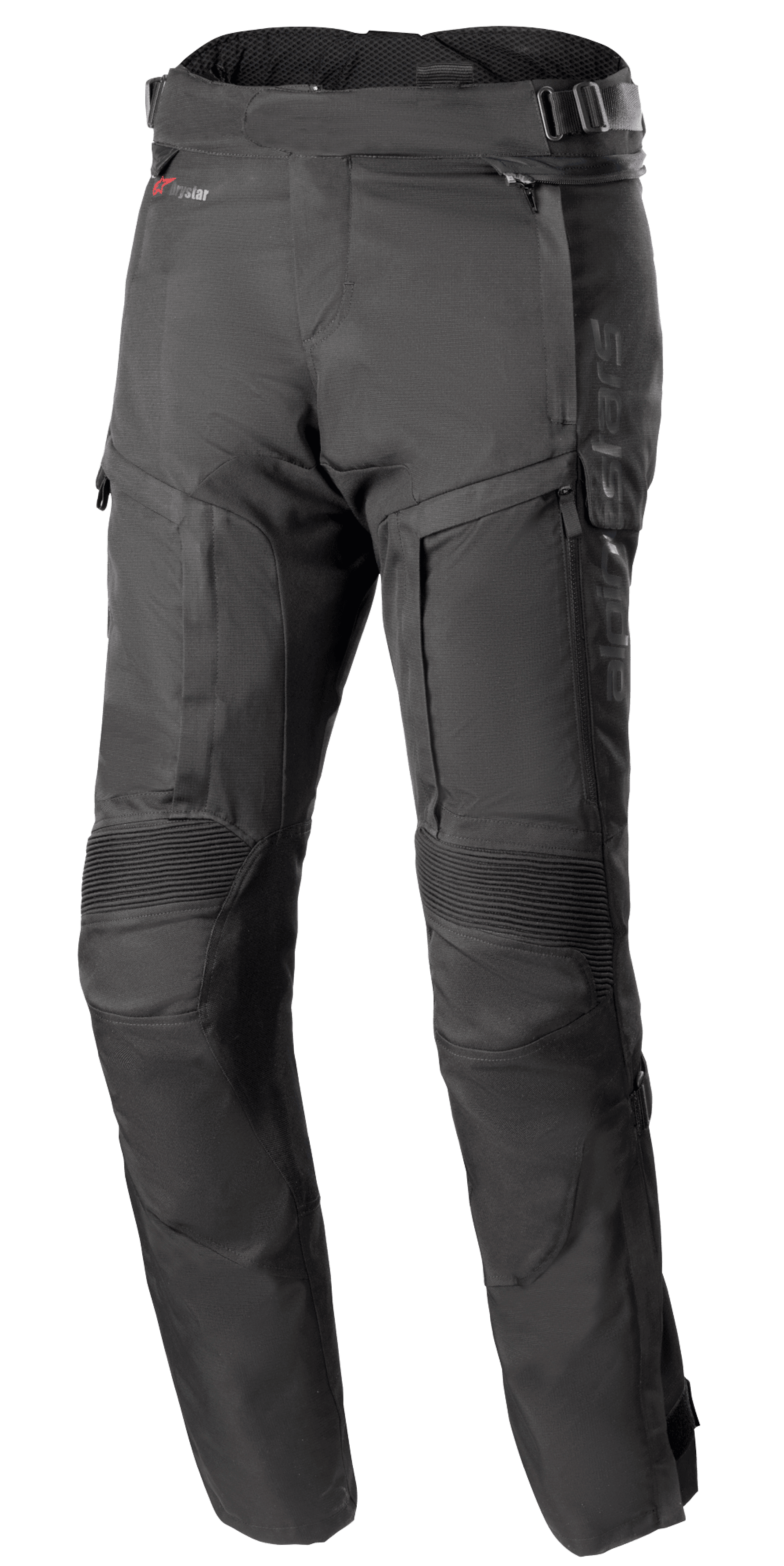 Alpinestars Bogota Pro Drystar 4 Seasons Pants - Long, pantaloni da moto adventure touring neri, con pannelli elasticizzati a costine sulle ginocchia e inserti di ventilazione con cerniera sulle cosce, cinturini regolabili in vita con fibbie e costruzione in tessuto tecnico resistente per protezione in ogni condizione climatica.