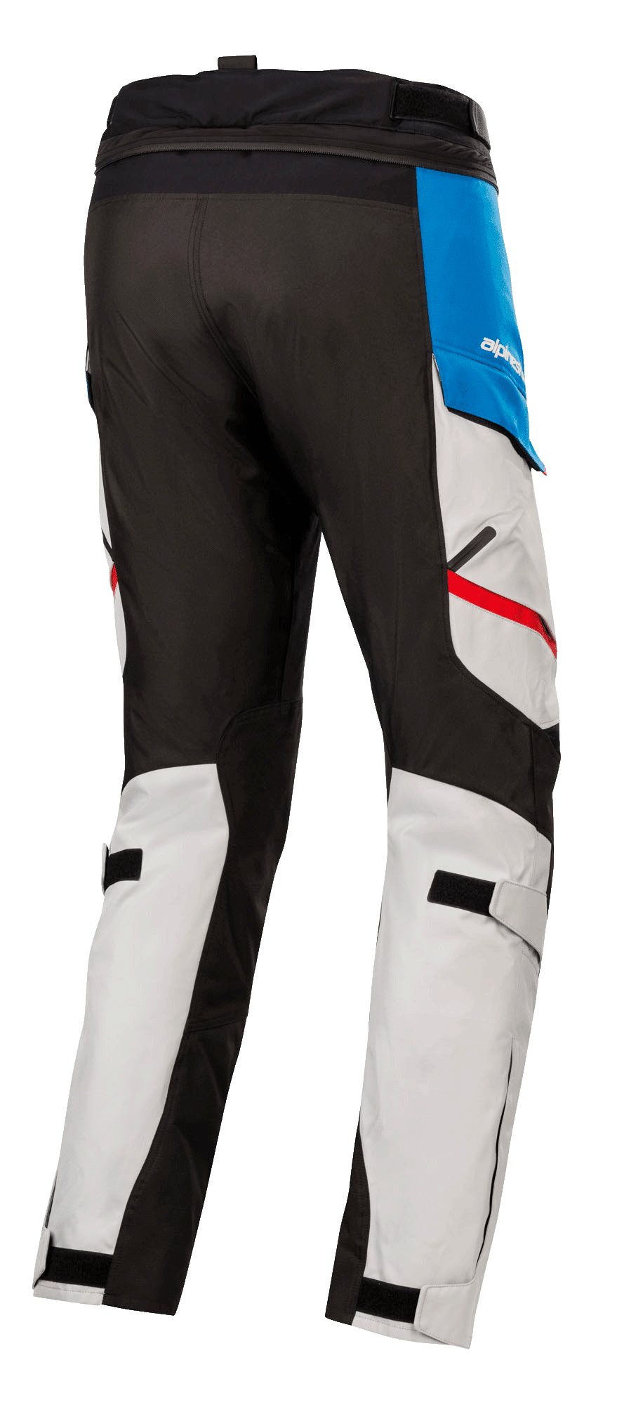 Alpinestars Honda Andes V3 Drystar® Pants, pantaloni da moto in tessuto, grigio ghiaccio con accenti blu e rosso acceso, vista posteriore che mostra pannelli rinforzati neri, cinturini regolabili sui polpacci e cerniera di collegamento in vita.