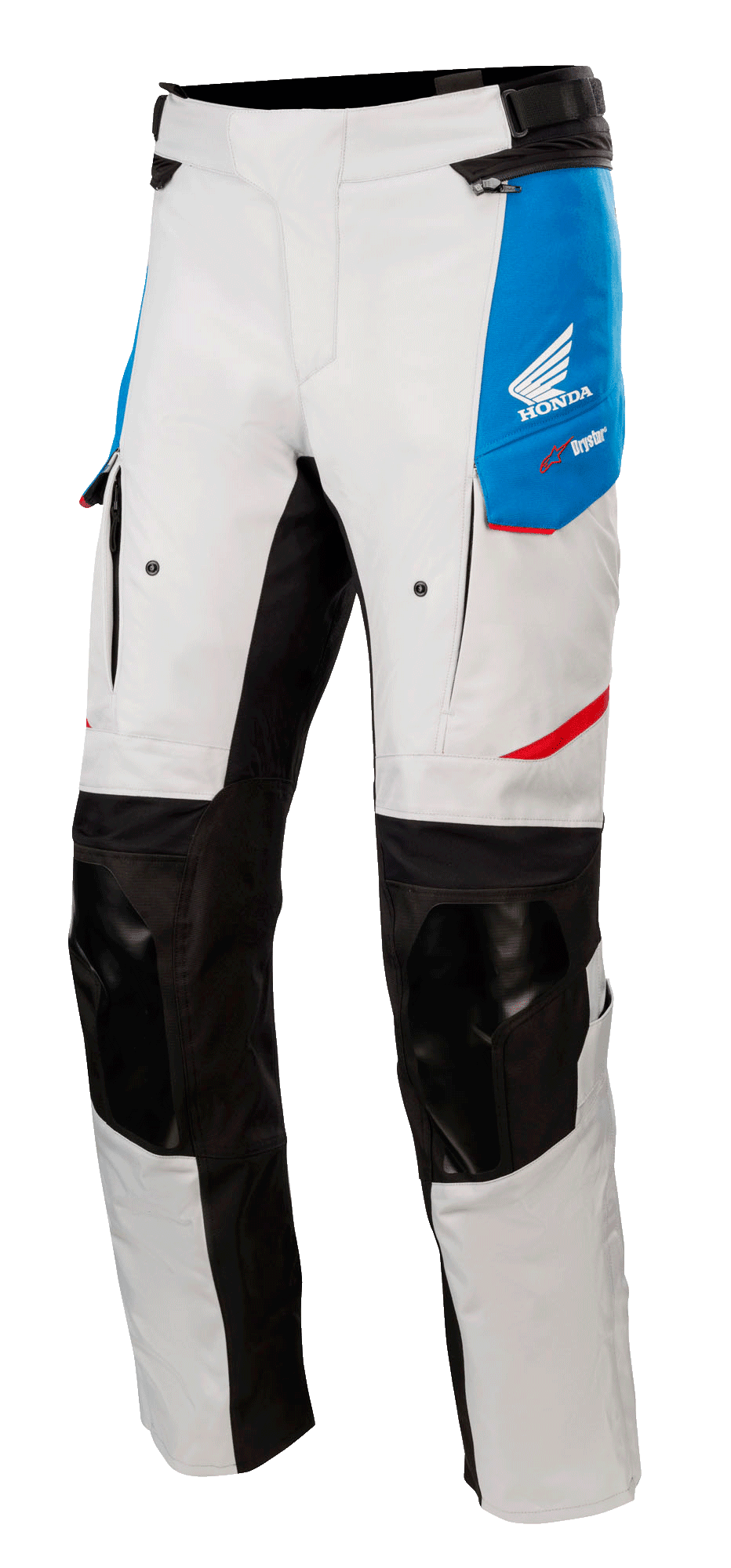 Pantaloni Alpinestars Honda Andes V3 Drystar®, pantaloni da moto touring, grigio ghiaccio con inserti blu e dettagli rosso acceso, con rinforzi neri su ginocchia e interno gamba, prese d'aria con zip sulle cosce, logo Honda Wing, abbigliamento adventure impermeabile