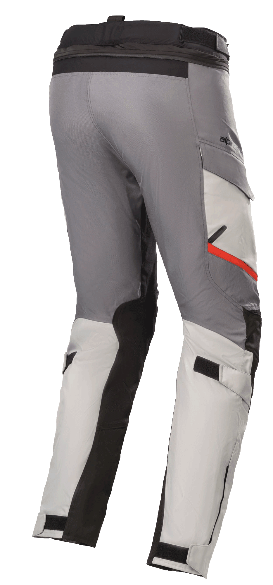 Pantaloni Alpinestars Andes V3 Drystar®, pantaloni da moto touring, grigio ghiaccio e grigio scuro, con pannelli di rinforzo neri e un dettaglio rosso sulla tasca, cinturini regolabili in vita e sui polpacci, costruzione in tessuto resistente per la guida adventure