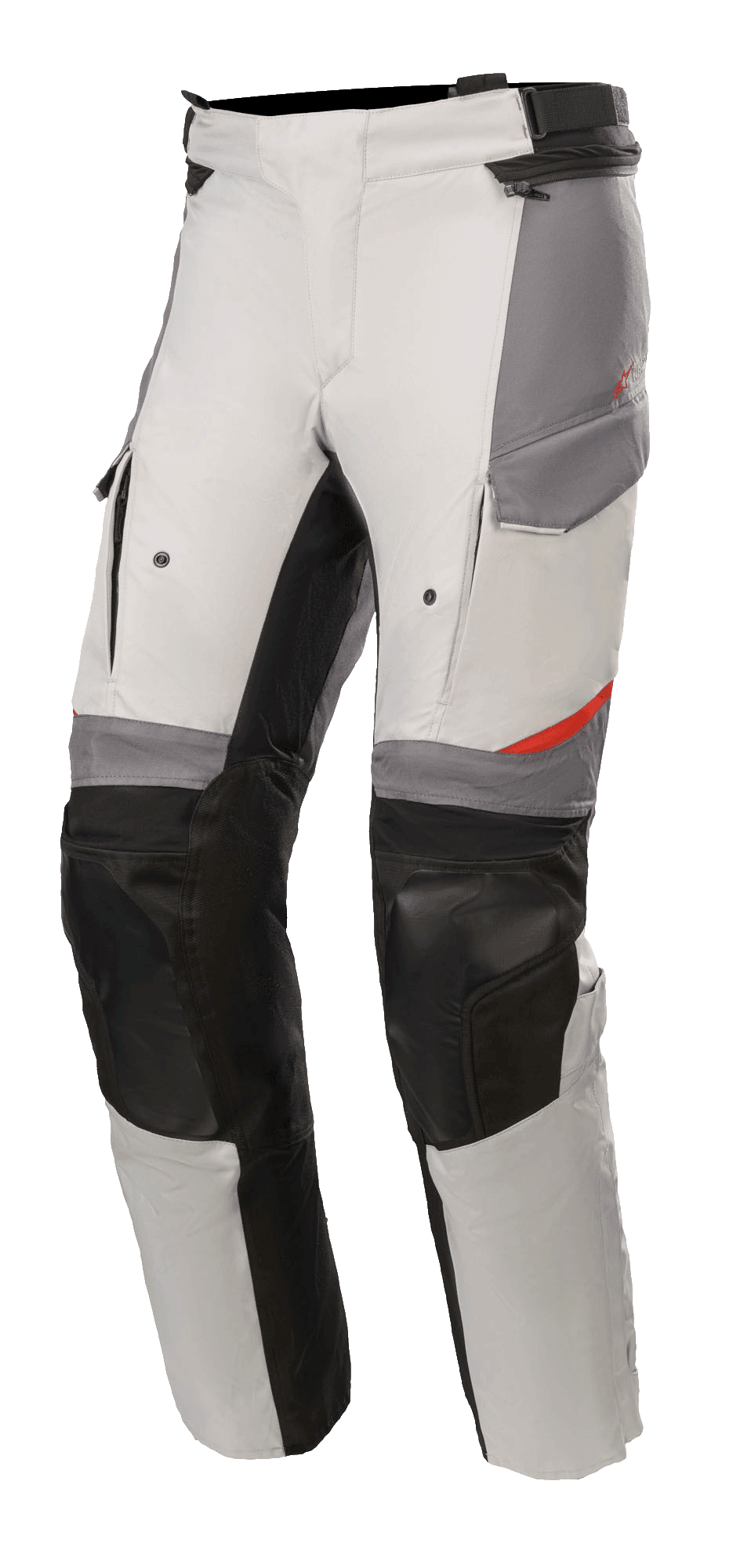 Alpinestars Andes V3 Drystar® Pants, pantaloni da moto adventure touring, grigio ghiaccio e grigio scuro con dettagli neri, pannelli rinforzati sulle ginocchia, tasche in stile cargo e cinturino regolabile in vita, materiale tessile resistente con dettagli rossi