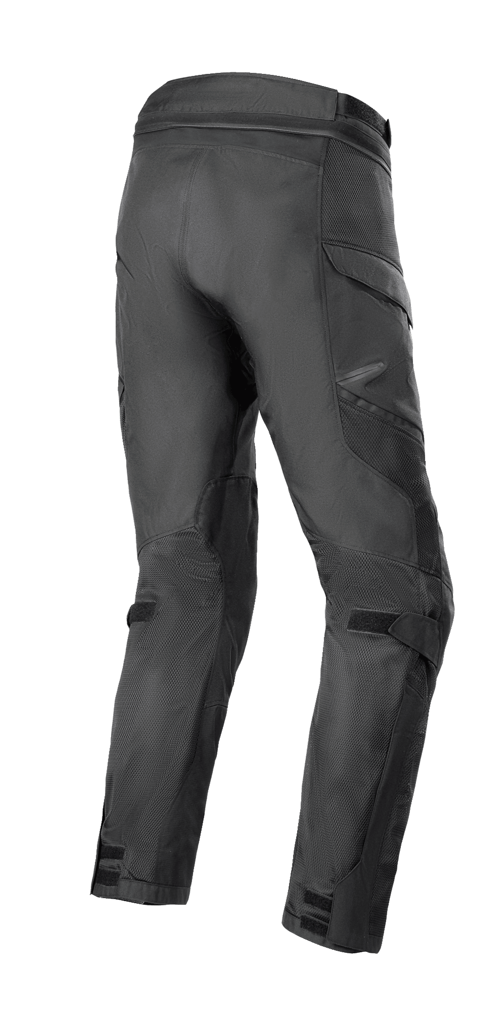 Pantaloni Alpinestars Andes Air Drystar®, pantaloni da moto, nero, vista posteriore che mostra ampi pannelli in rete per il flusso d'aria, tasche cargo e cinghie regolabili a strappo su polpacci e caviglie, robusta costruzione in tessuto per adventure touring