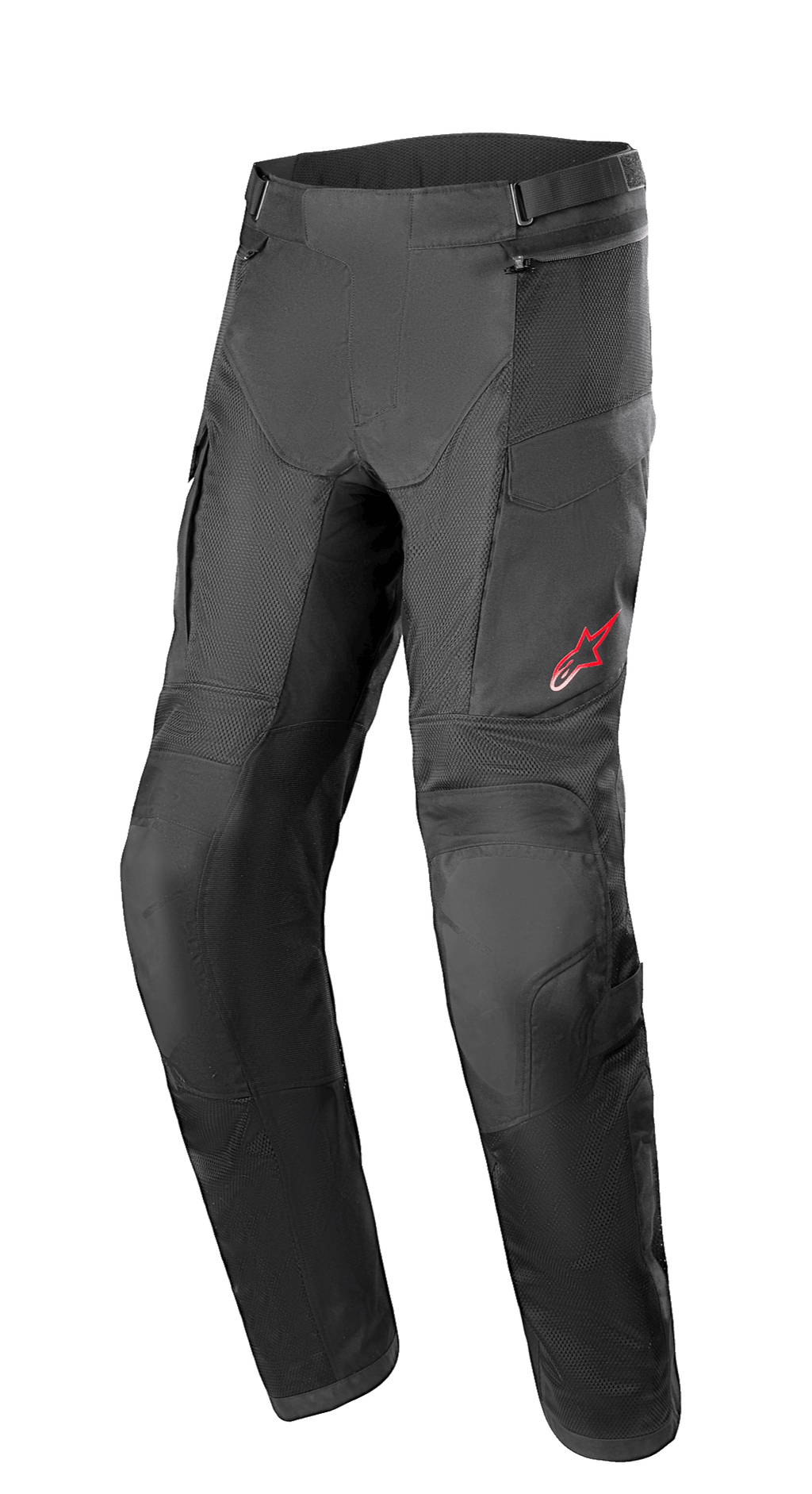 Alpinestars Andes Air Drystar® Pants, pantaloni da moto adventure touring, nero, con ampi pannelli in mesh per la ventilazione, logo a stella rosso sulla coscia sinistra, cinturini regolabili in vita e sezioni rinforzate sulle ginocchia, progettati per il comfort durante il touring.