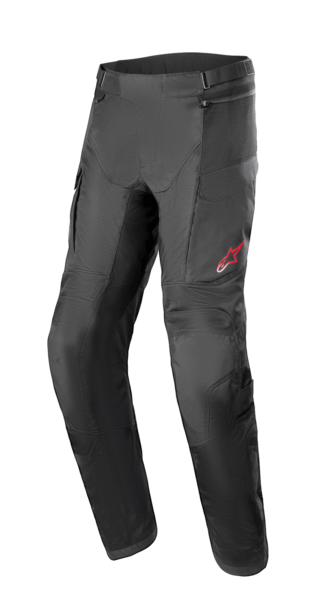 Alpinestars Andes Air Drystar® Pants, pantaloni da moto adventure touring, nero, con ampi pannelli in mesh per la ventilazione, logo a stella rosso sulla coscia sinistra, cinturini regolabili in vita e sezioni rinforzate sulle ginocchia, progettati per il comfort durante il touring.