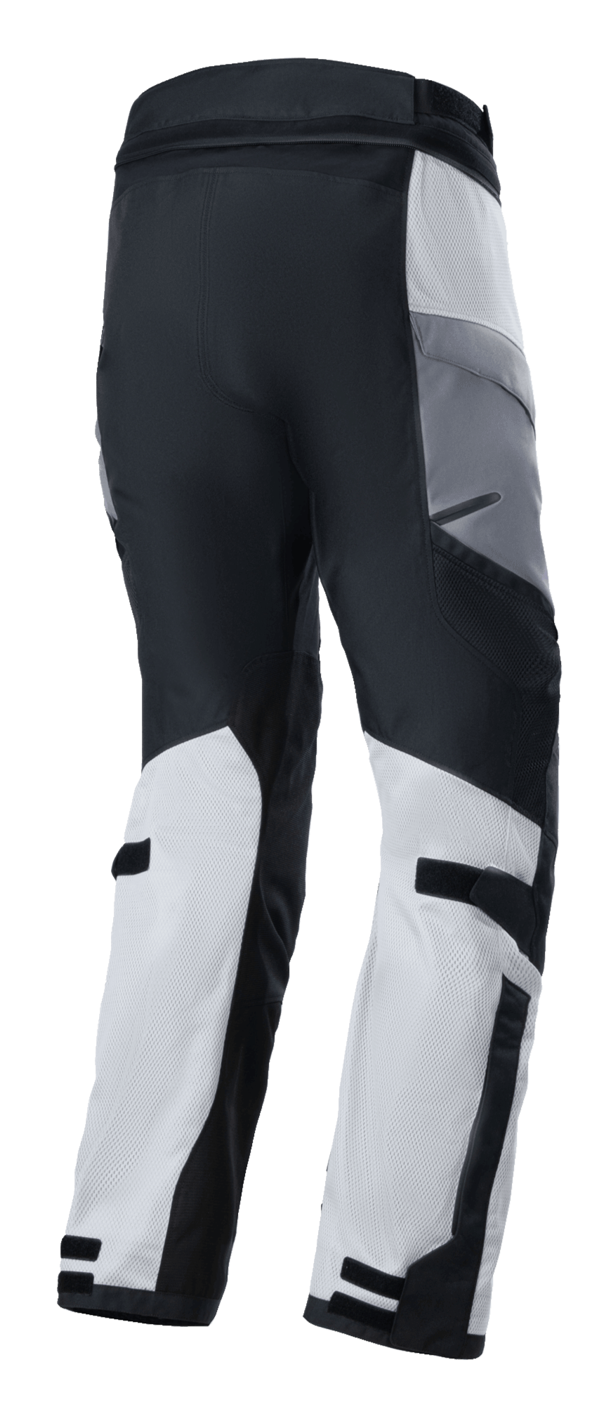 Pantaloni Alpinestars Andes Air Drystar®, pantaloni da moto adventure touring, Ice Gray, Grigio Scuro e Nero, vista posteriore con pannelli in rete traspirante per il flusso d'aria e cinturini regolabili sui polpacci, design in tessuto tecnico per l'uso in due stagioni