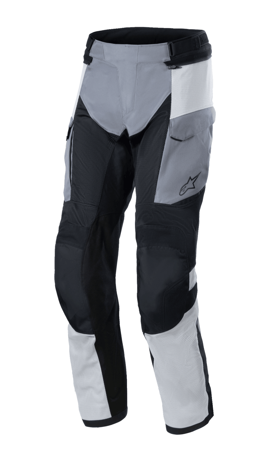 Alpinestars Andes Air Drystar® Pants, pantaloni adventure touring, grigio ghiaccio, grigio scuro e nero, con ampi pannelli in mesh per la ventilazione, tasche cargo e rinforzi sulle ginocchia, robusta costruzione in tessuto per la guida in due stagioni