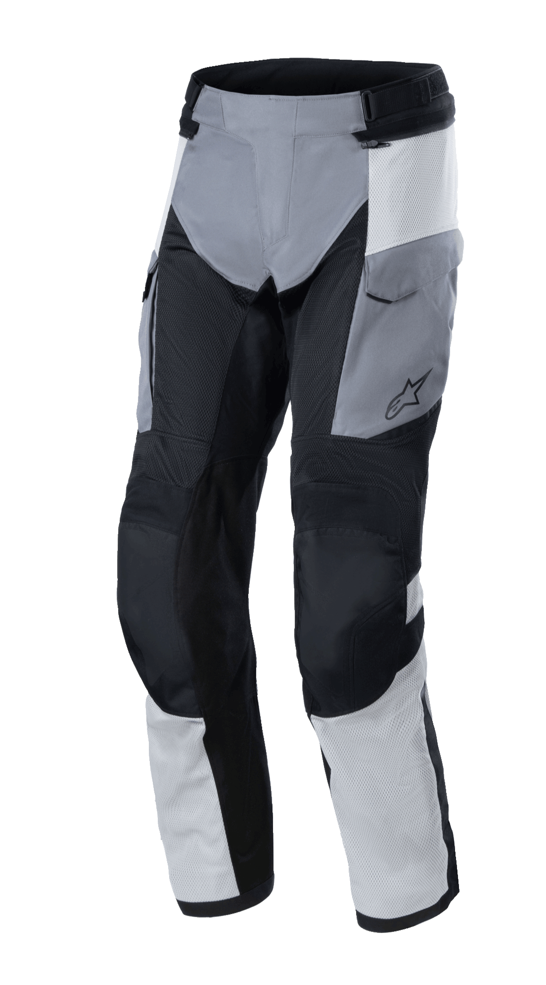 Alpinestars Andes Air Drystar® Pants, pantaloni adventure touring, grigio ghiaccio, grigio scuro e nero, con ampi pannelli in mesh per la ventilazione, tasche cargo e rinforzi sulle ginocchia, robusta costruzione in tessuto per la guida in due stagioni