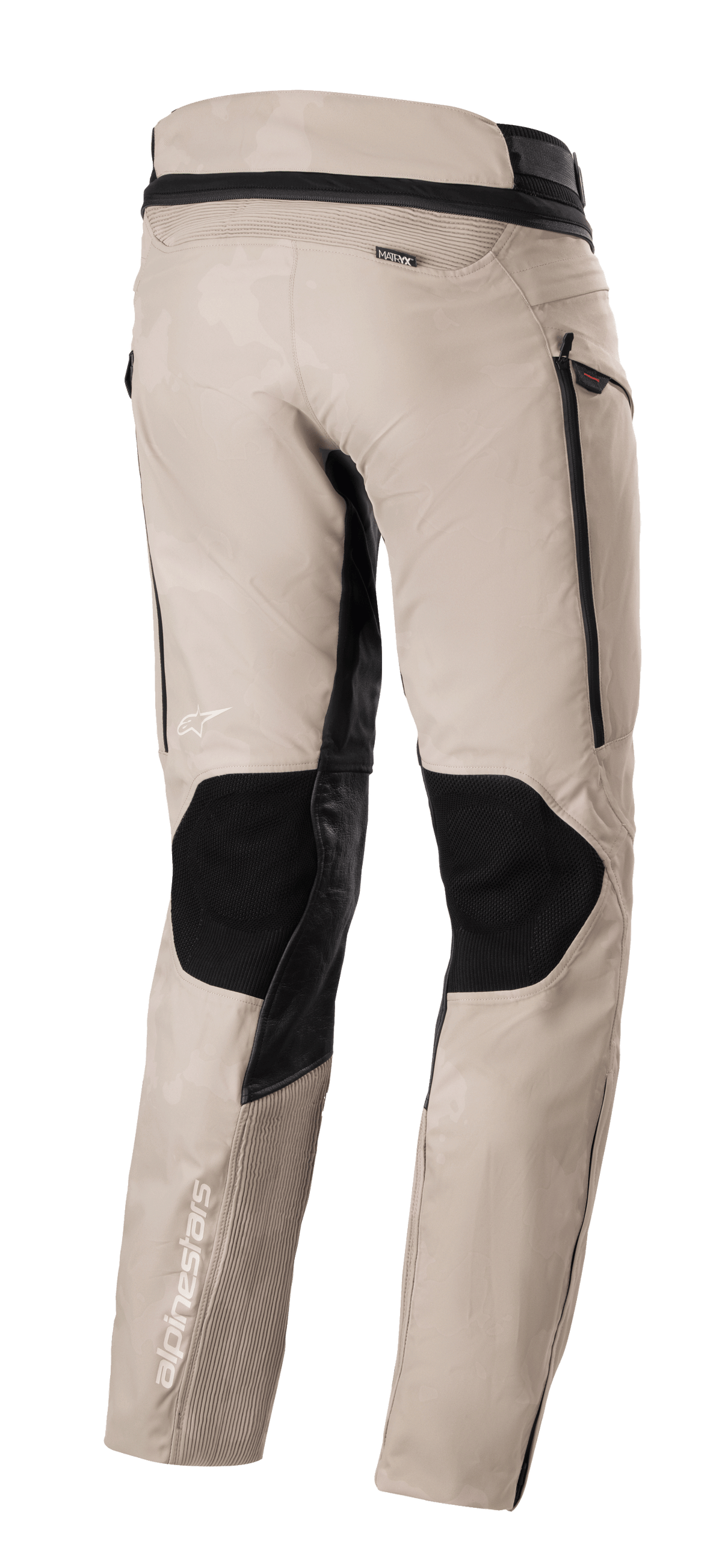 Alpinestars AMT-10LAB Drystar® XF Pants, pantaloni adventure touring Aluminum Camo, vista posteriore con pannelli protettivi neri, branding MATRYX® e loghi Alpinestars bianchi su struttura multi-materiale.