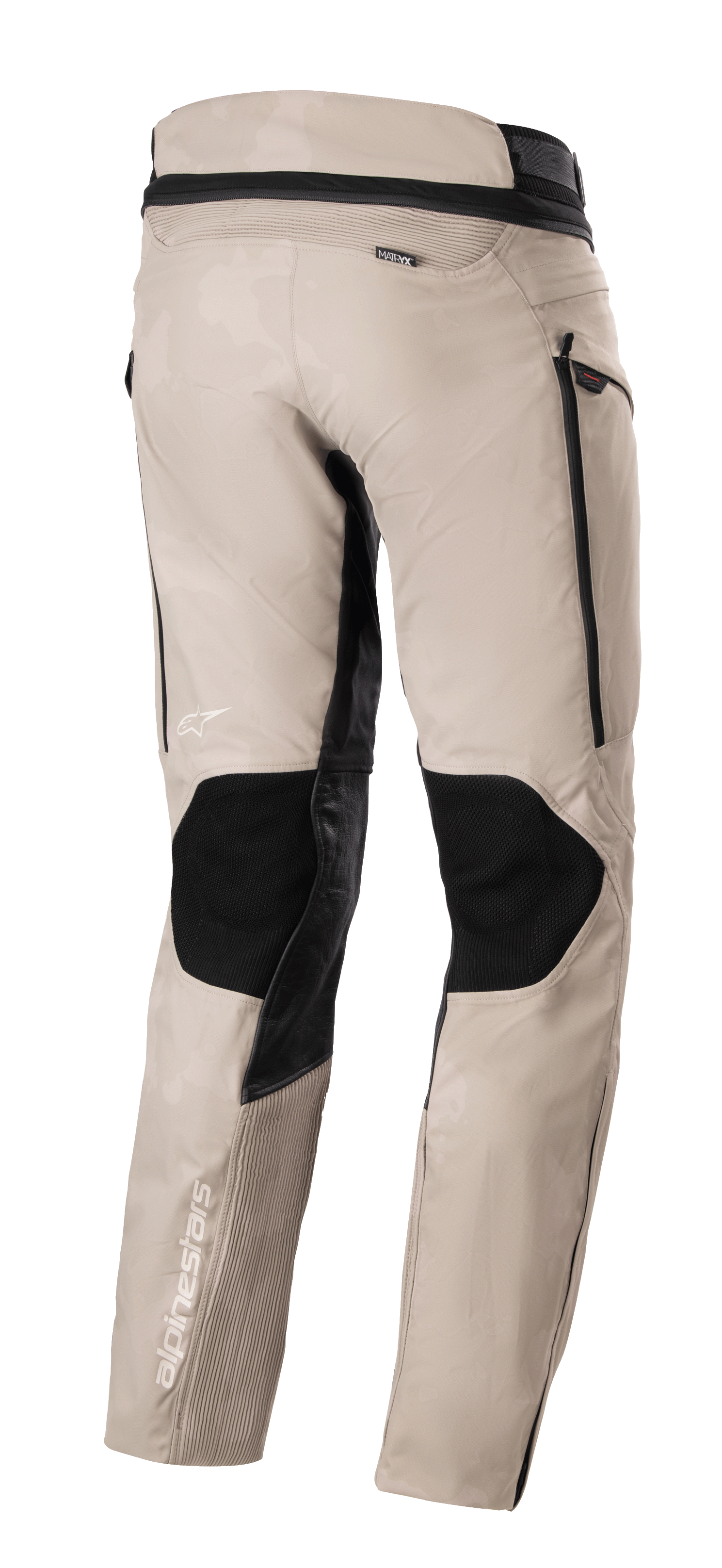 Alpinestars AMT-10LAB Drystar® XF Pants, pantaloni adventure touring Aluminum Camo, vista posteriore con pannelli protettivi neri, branding MATRYX® e loghi Alpinestars bianchi su struttura multi-materiale.
