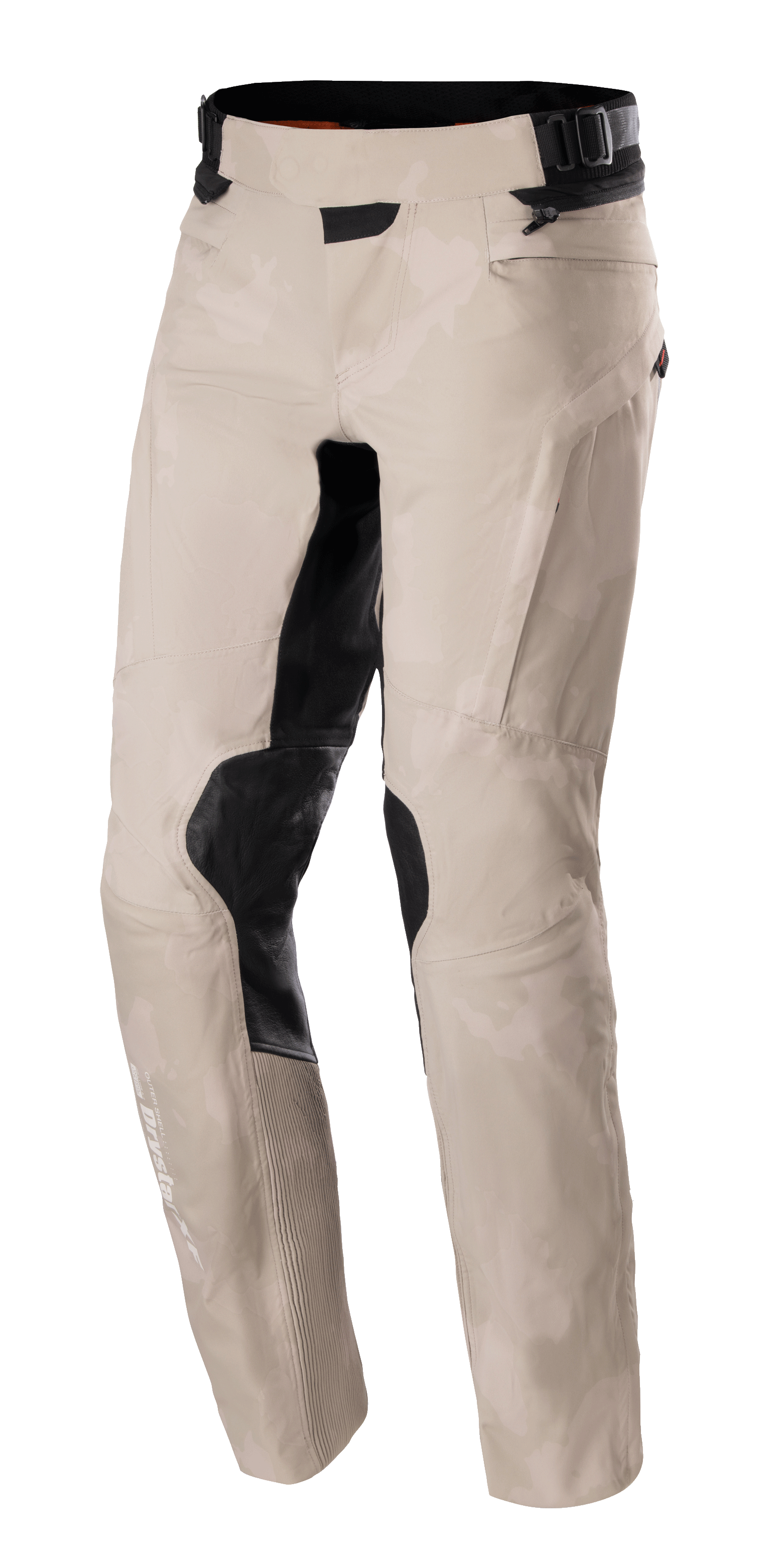 Pantaloni Alpinestars AMT-10LAB Drystar® XF, pantaloni da moto adventure, Aluminum Camo, motivo mimetico grigio chiaro con pannelli rinforzati neri sulle ginocchia e sull'interno coscia, struttura in tessuto tecnico con vita regolabile e marchio Drystar sulla parte inferiore della gamba