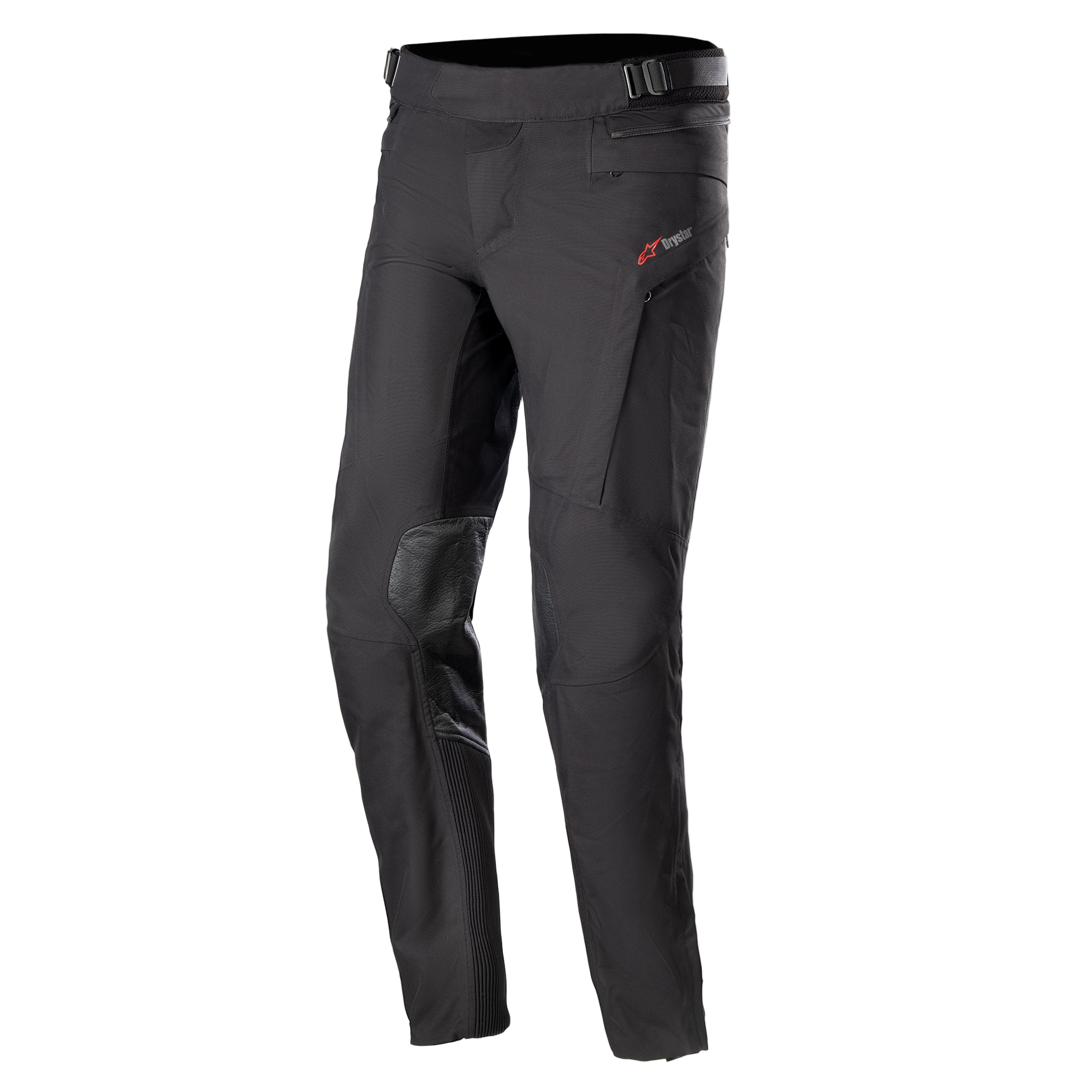 Pantaloni Alpinestars AMT-10 Drystar® XF, pantaloni da moto touring, nero, con logo rosso sul fianco, pannelli rinforzati sulle ginocchia, inserti a fisarmonica sulla parte inferiore delle gambe, vita regolabile e tasche con zip, design in tessuto tecnico per guida adventure