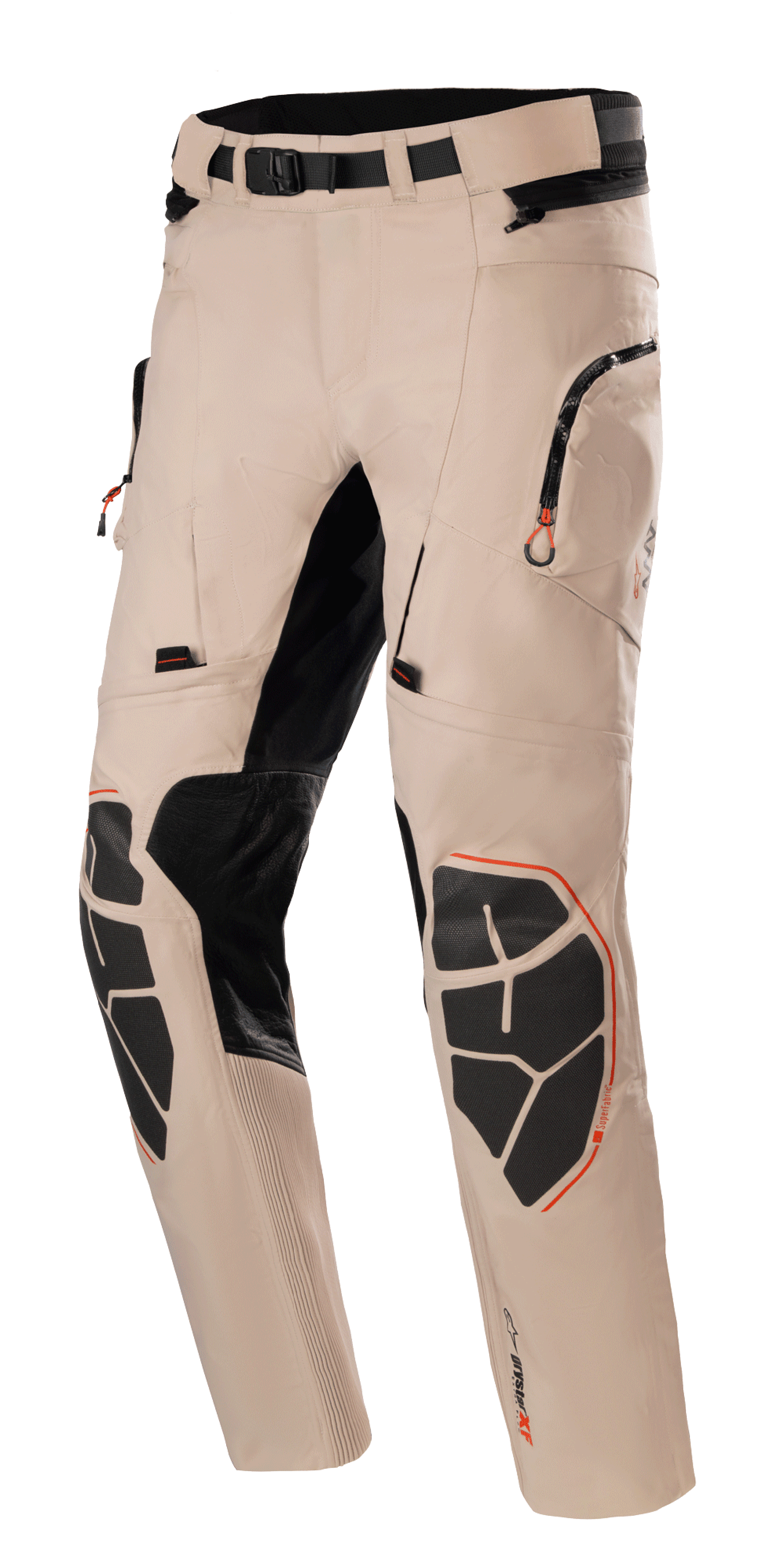 Alpinestars AMT-10R Drystar Xf Pants, pantaloni moto adventure touring, marrone chiaro con accenti neri e arancioni, costruzione impermeabile e traspirante, ginocchiere rinforzate in Superfabric, cintura regolabile, tasche con zip, pannelli elastici per flessibilità