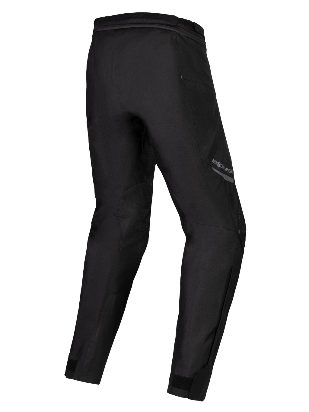 Alpinestars Stella ST-1 Waterproof Pants, pantaloni da moto da donna, nero, vista posteriore a tre quarti che mostra le gambe precurvate, costruzione in tessuto con cerniera di collegamento in vita e regolatori alle caviglie, equipaggiamento adventure touring