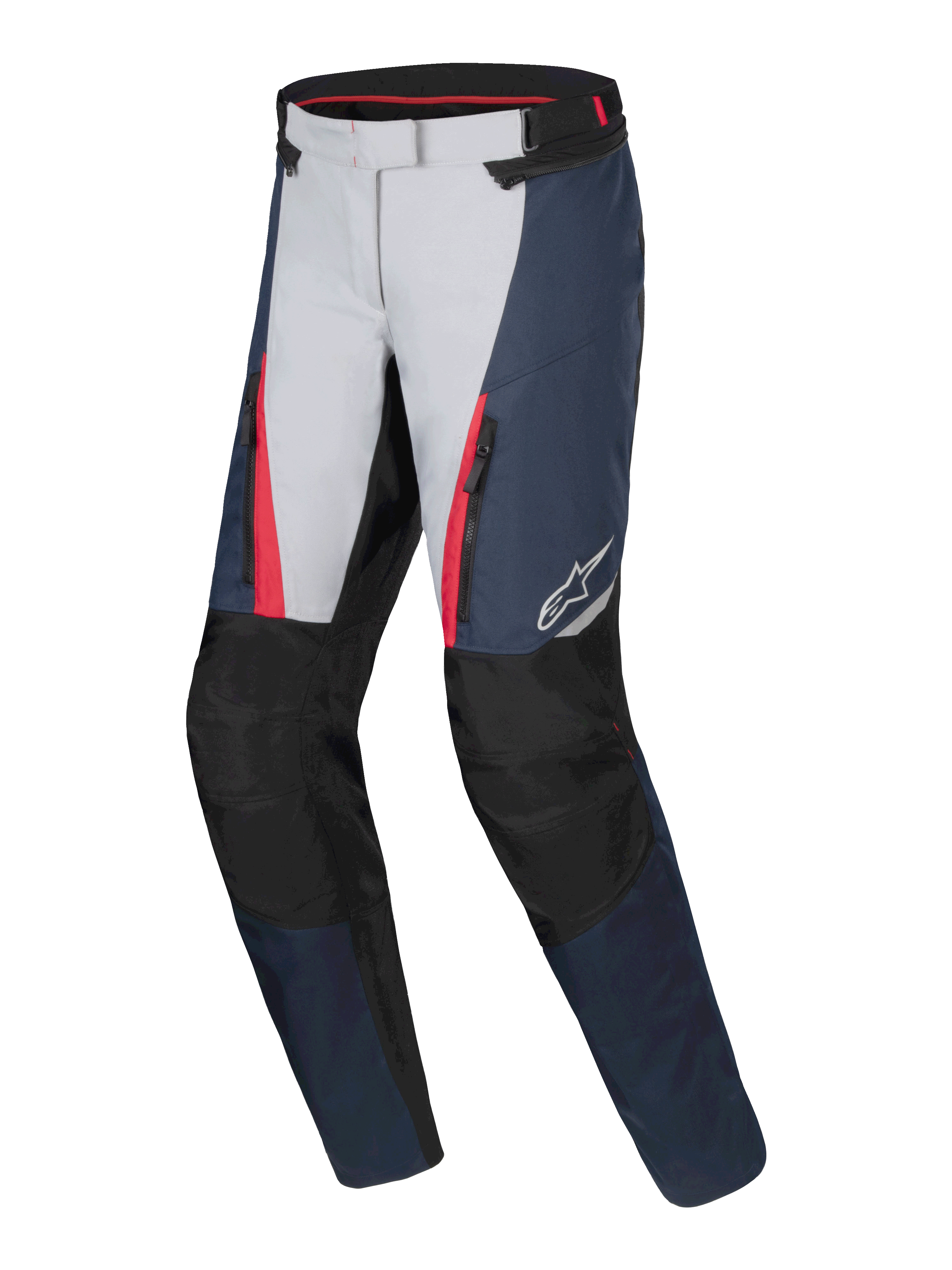 Alpinestars Stella ST-1 Waterproof Pants, pantaloni moto touring da donna, blu scuro, nero e rosso acceso con pannelli grigio chiaro, tasche anteriori con zip, protezione rinforzata sulle ginocchia, design ergonomico per ogni condizione atmosferica