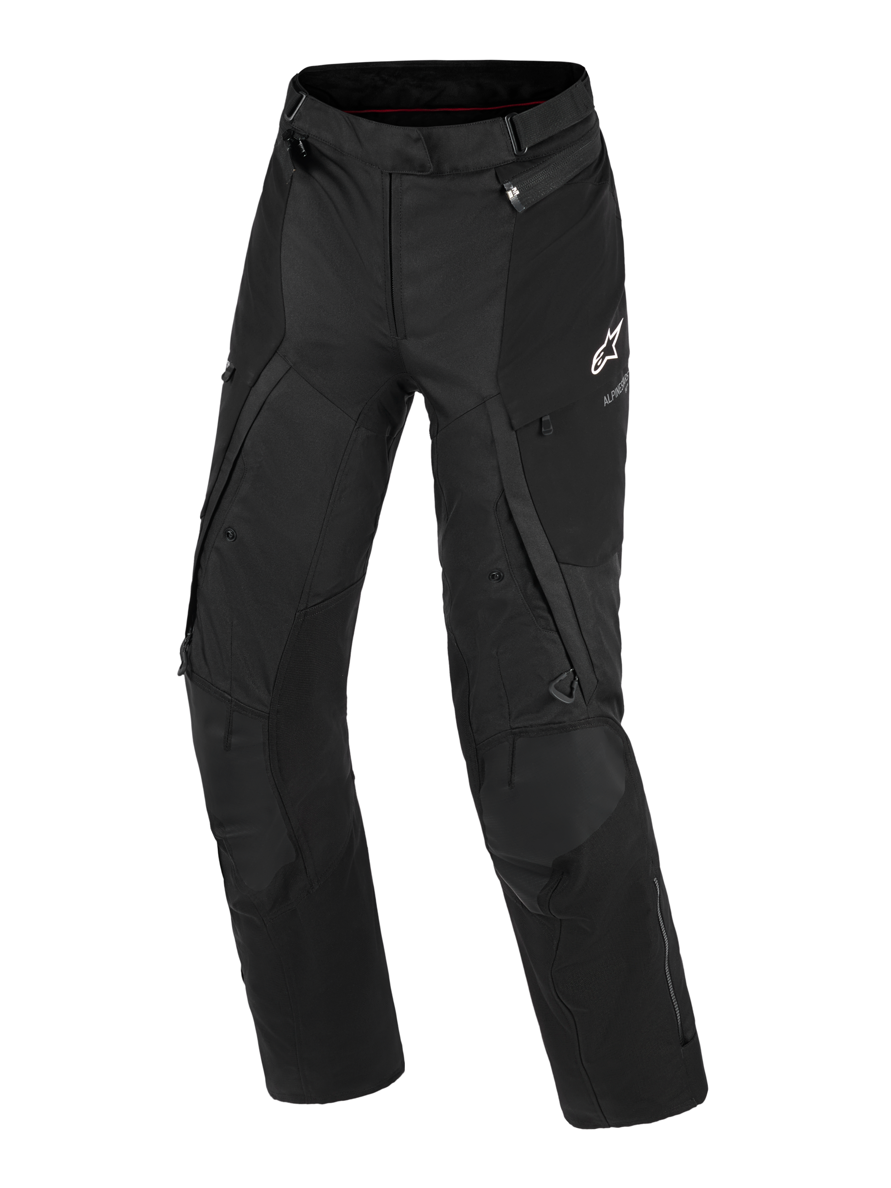 Pantaloni Alpinestars Stella Andes v4 Drystar®, pantaloni da moto adventure da donna, nero, vista frontale che mostra la costruzione in tessuto tecnico, logo Alpinestars bianco sulla coscia sinistra, tasche cargo e cerniere di ventilazione, abbigliamento tecnico resistente per ogni condizione climatica