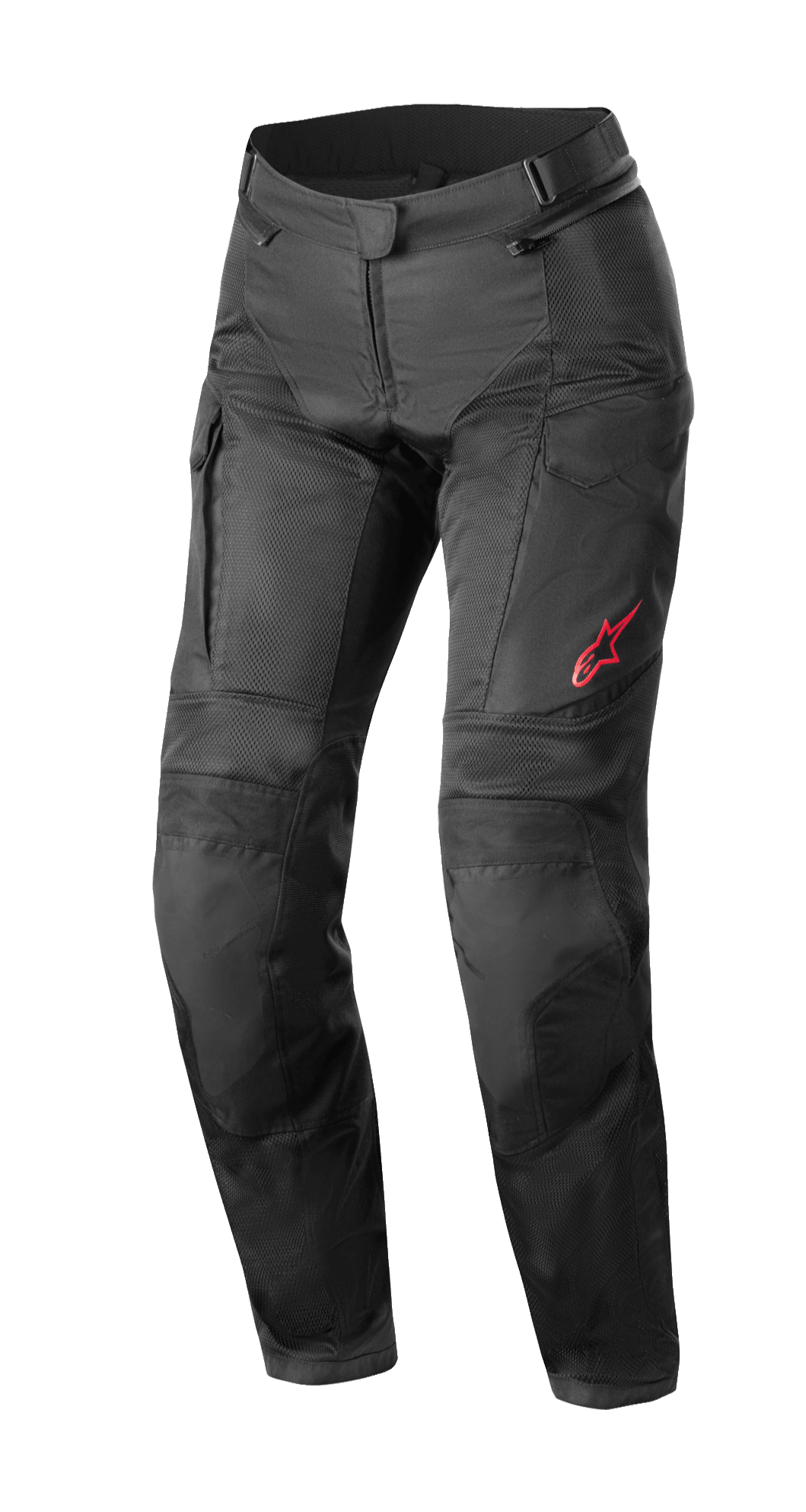 Alpinestars Stella Andes Air Drystar® Pants, pantaloni da moto touring da donna, neri, con ampi pannelli in rete per la ventilazione, tasche cargo e logo Alpinestars rosso sulla coscia sinistra, design in tessuto tecnico per la guida multi-stagione