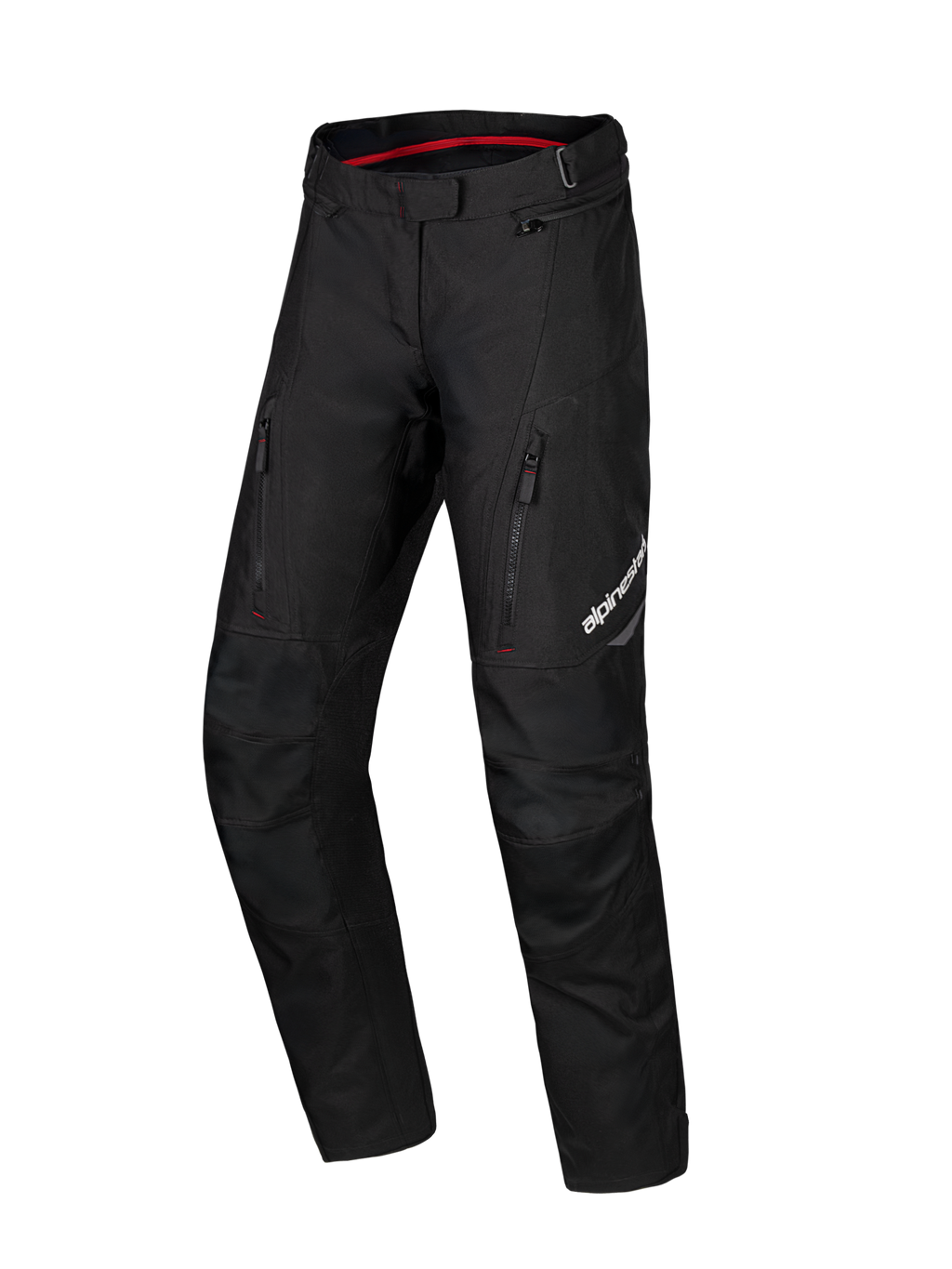 Alpinestars Honda Stella ST-1 Waterproof Pants, pantaloni da moto touring da donna neri, fodera interna rossa in vita, due tasche verticali con zip sulle cosce, logo Alpinestars sulla gamba, abbigliamento adventure in tessuto resistente