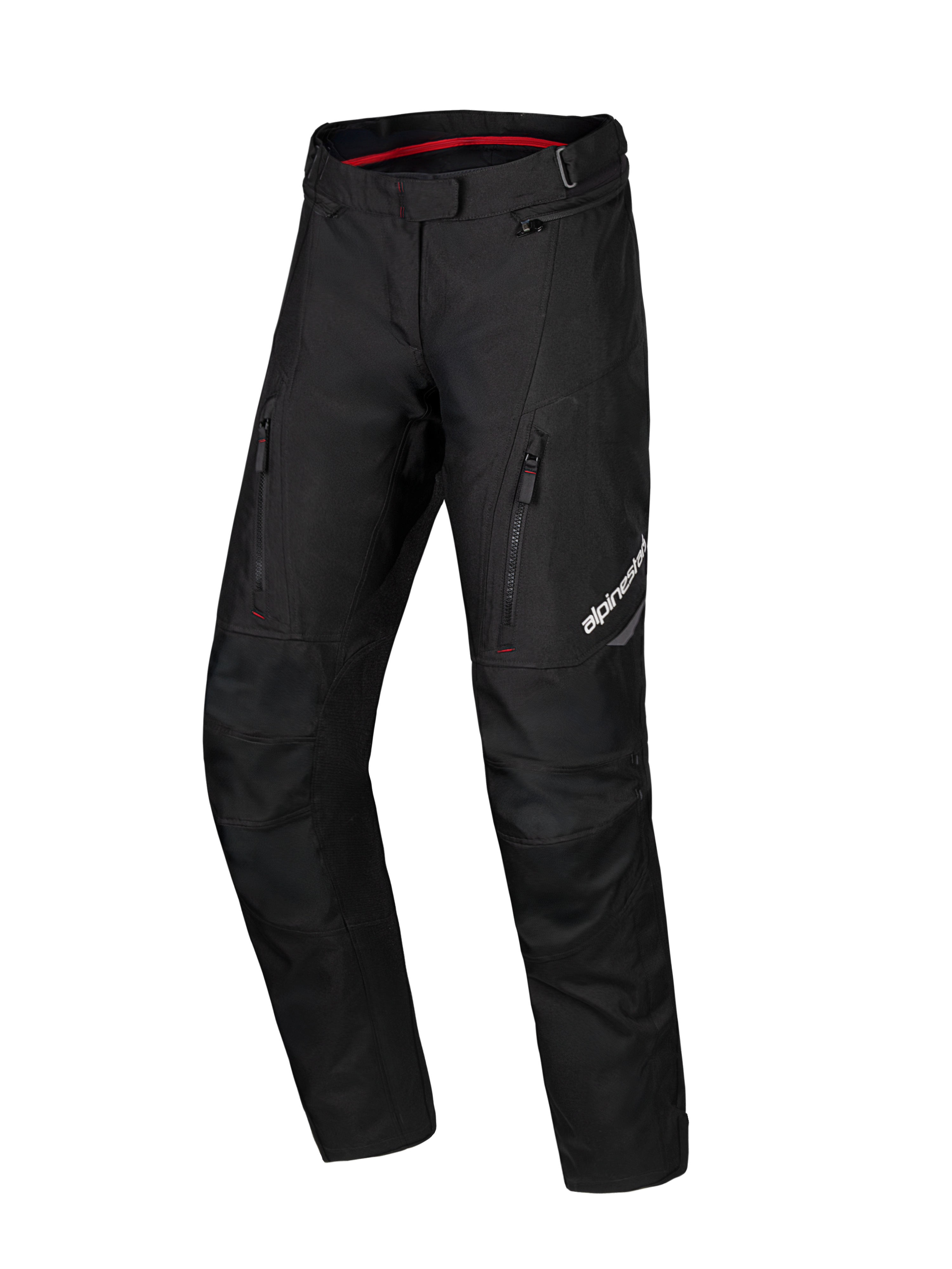 Alpinestars Honda Stella ST-1 Waterproof Pants, pantaloni da moto touring da donna neri, fodera interna rossa in vita, due tasche verticali con zip sulle cosce, logo Alpinestars sulla gamba, abbigliamento adventure in tessuto resistente