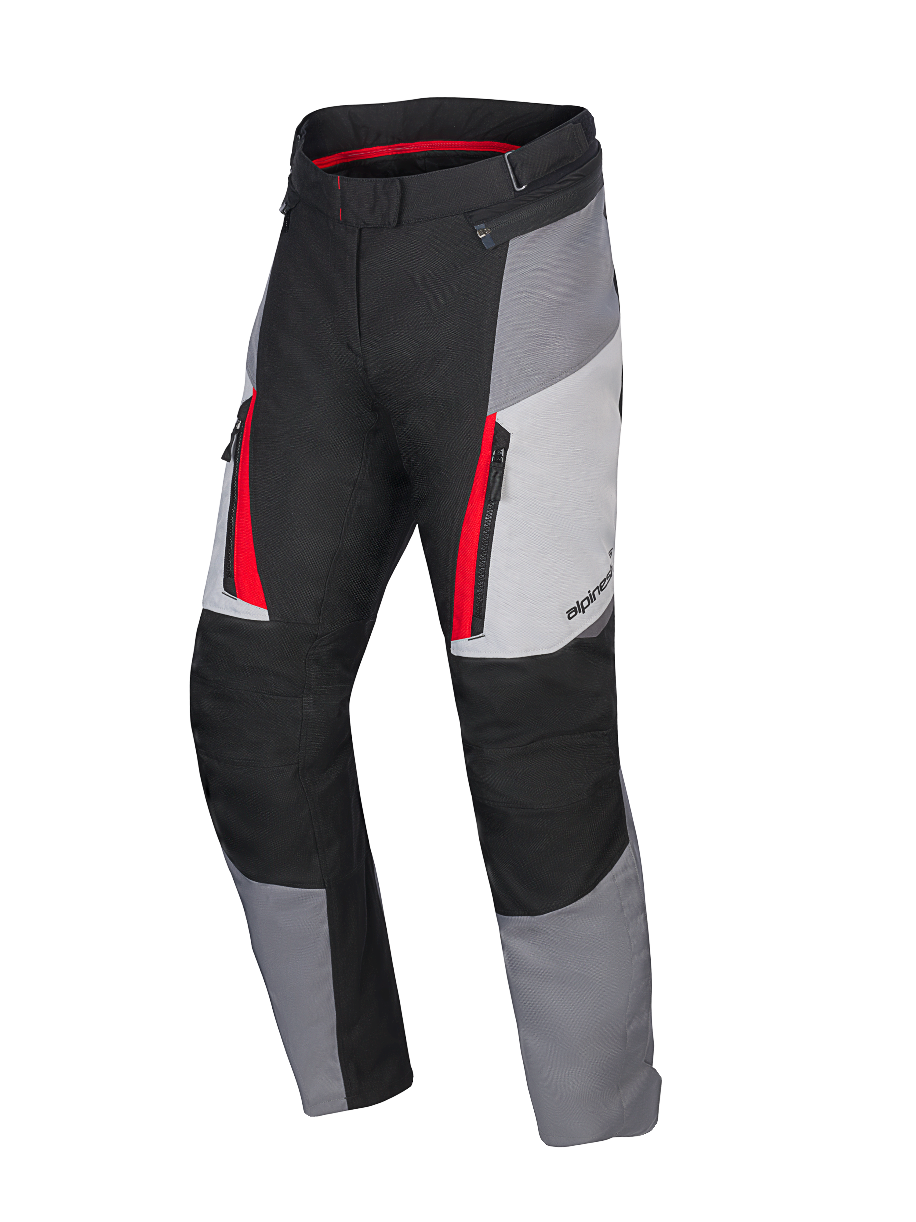 Alpinestars Honda Stella ST-1 Waterproof Pants, pantaloni da moto touring da donna, grigio ghiaccio, grigio scuro e nero con accenti rossi, con tasche cargo con cerniera, costruzione tessile ergonomica e vita regolabile.