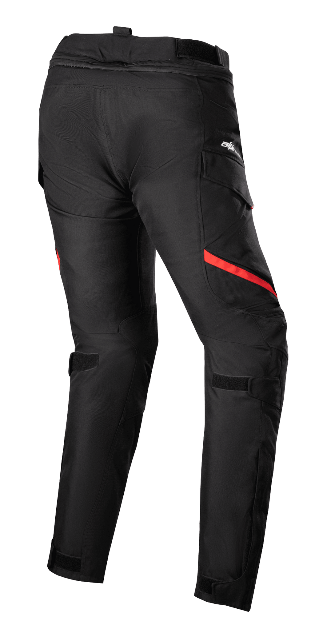 Pantaloni da donna Alpinestars Stella Honda Andes V3 Drystar®, pantaloni da moto touring, nero e rosso brillante, vista posteriore con tasche cargo, cinturini regolabili in vita e sulle ginocchia e robusta costruzione in tessuto per la guida in ogni condizione atmosferica