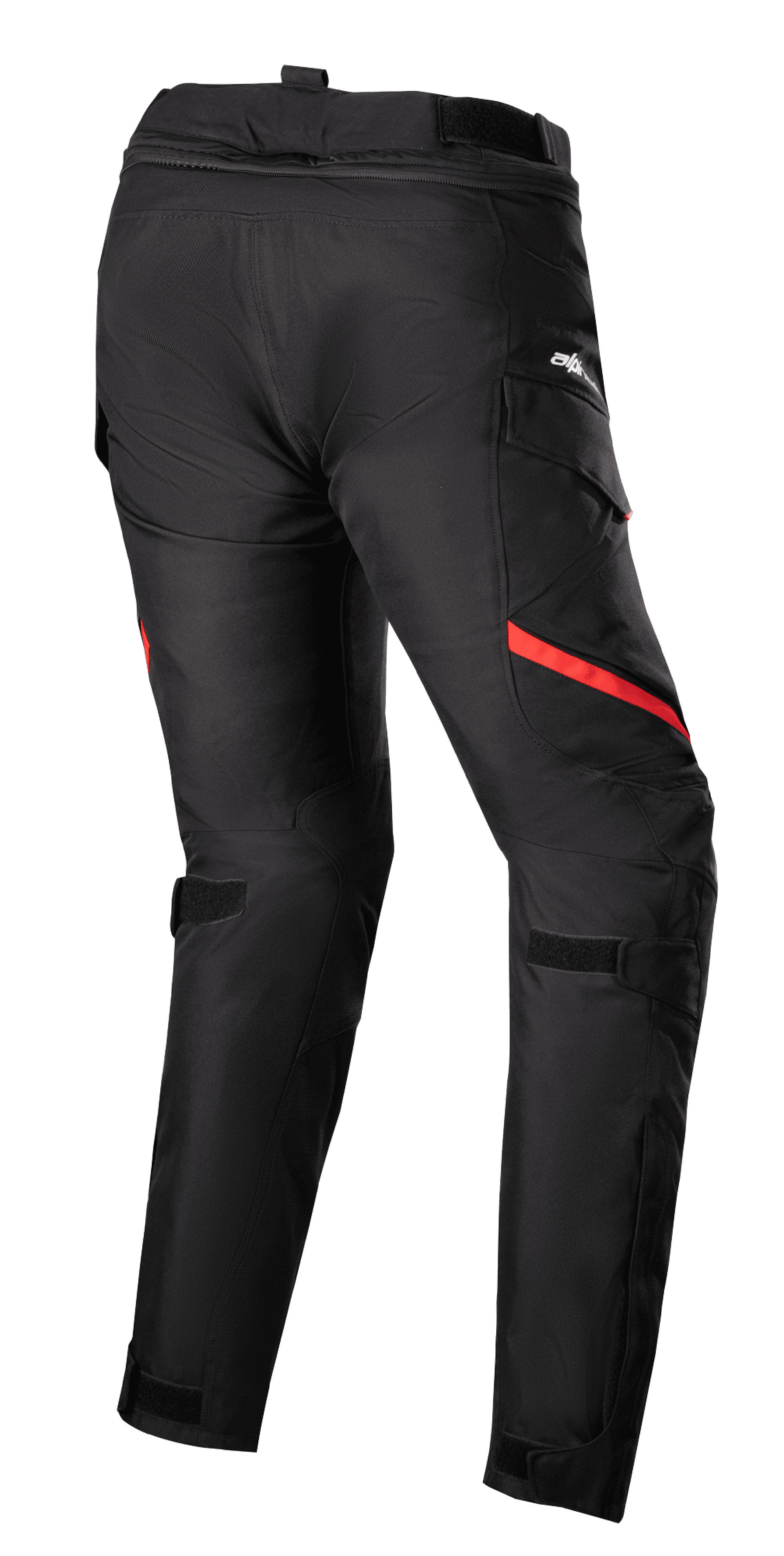Pantaloni da donna Alpinestars Stella Honda Andes V3 Drystar®, pantaloni da moto touring, nero e rosso brillante, vista posteriore con tasche cargo, cinturini regolabili in vita e sulle ginocchia e robusta costruzione in tessuto per la guida in ogni condizione atmosferica