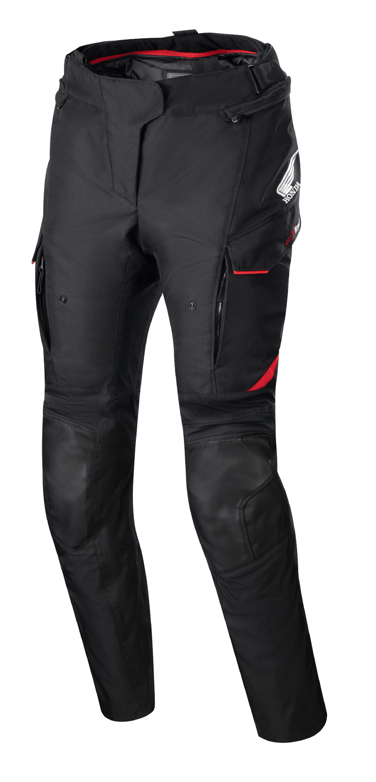 Pantaloni da donna Stella Honda Andes V3 Drystar®, pantaloni da moto in tessuto, neri con accenti rosso brillante, loghi Honda e Alpinestars, tasche cargo con profili rossi, pannelli rinforzati sulle ginocchia, cinturino regolabile in vita e fodera interna rossa in vita.