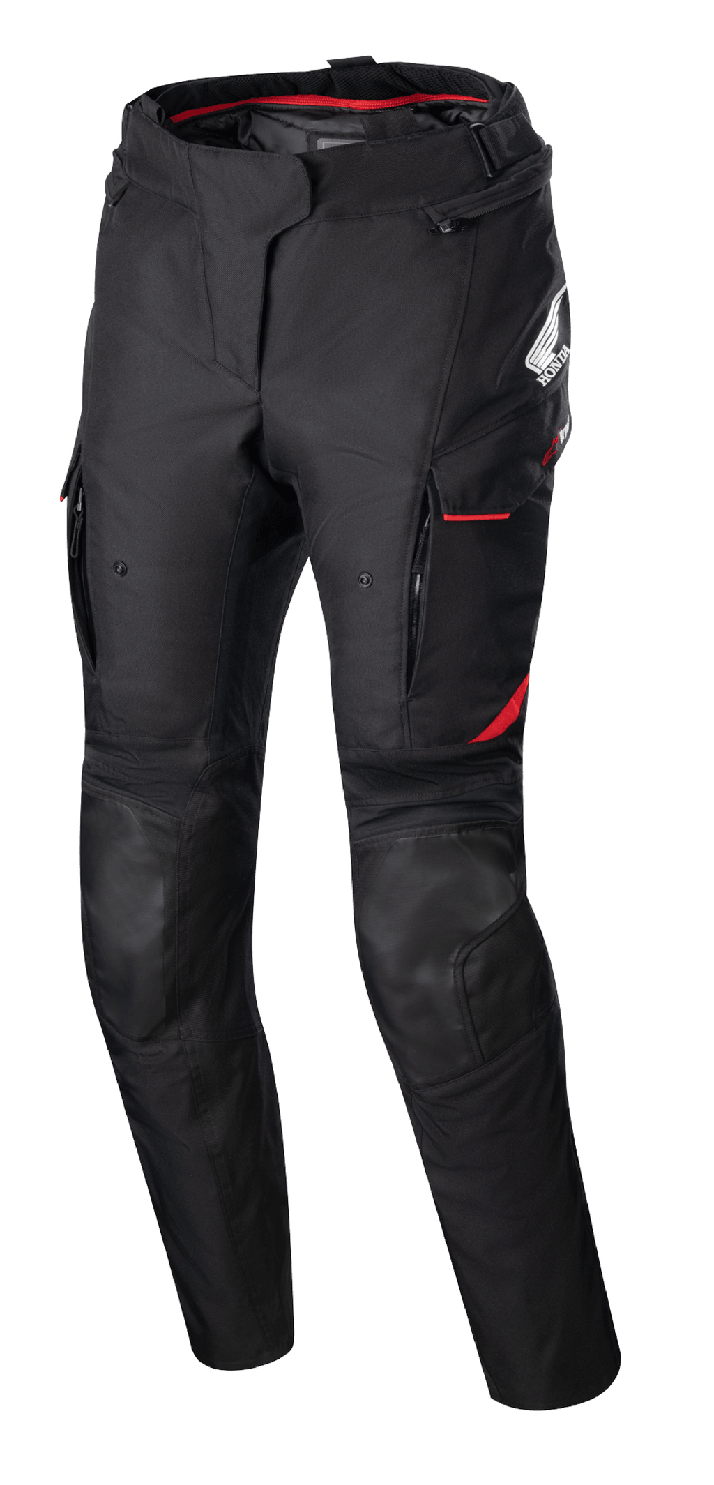Pantaloni da donna Stella Honda Andes V3 Drystar®, pantaloni da moto in tessuto, neri con accenti rosso brillante, loghi Honda e Alpinestars, tasche cargo con profili rossi, pannelli rinforzati sulle ginocchia, cinturino regolabile in vita e fodera interna rossa in vita.